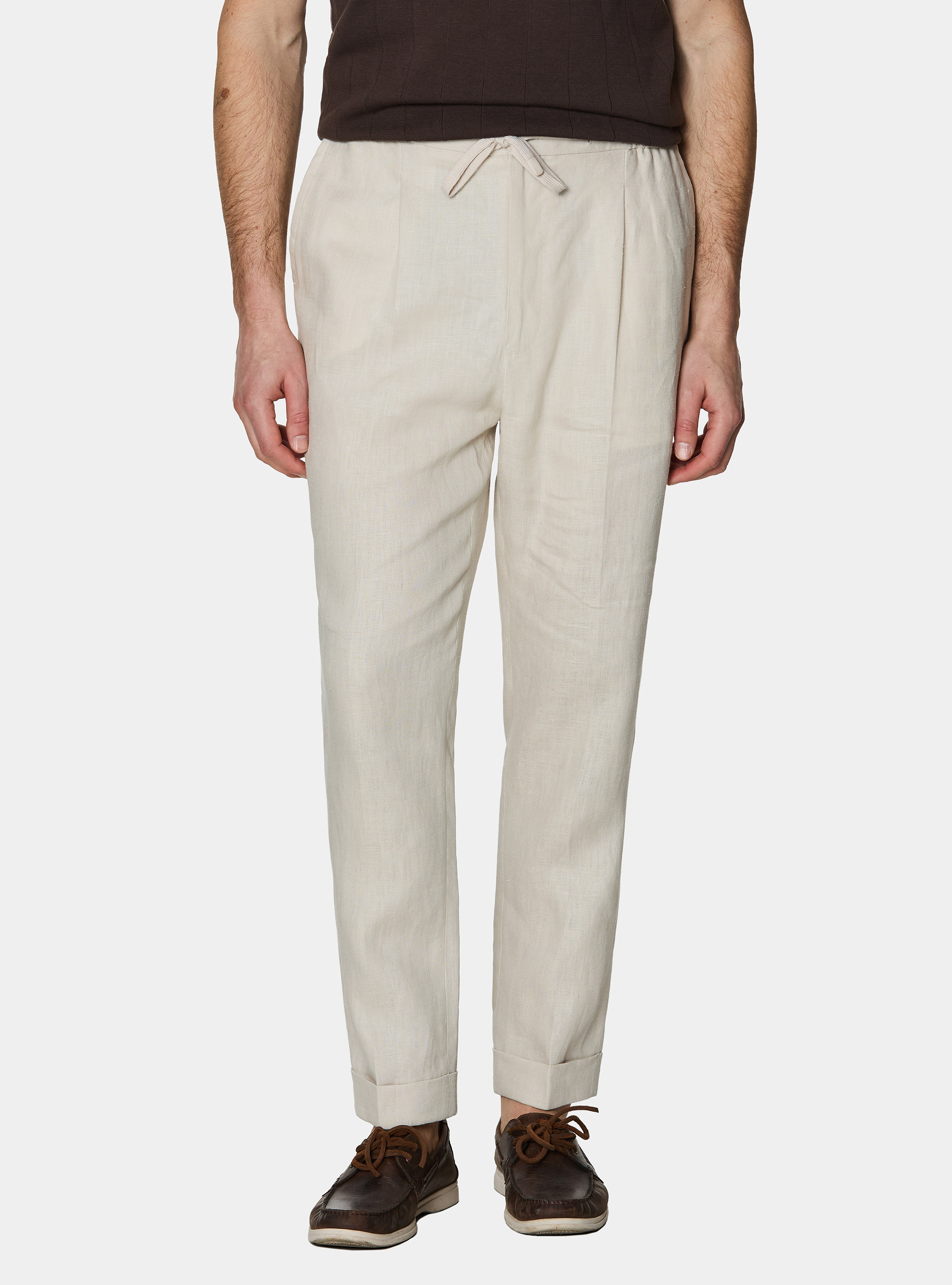Pure linen trousers with pleat and drawstring, ECRU
