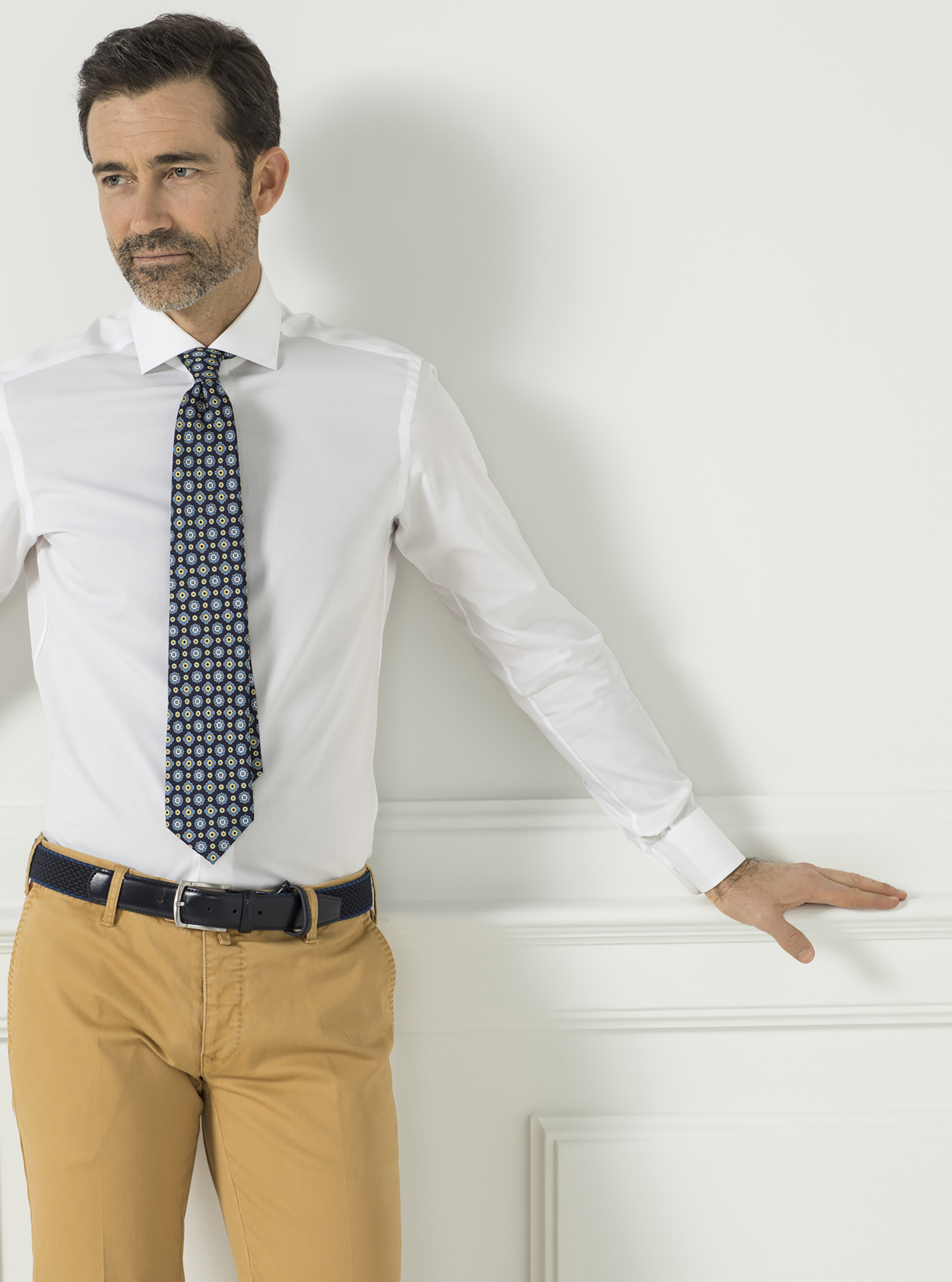 Camicia collo francese in cotone fil a fil, BIANCO