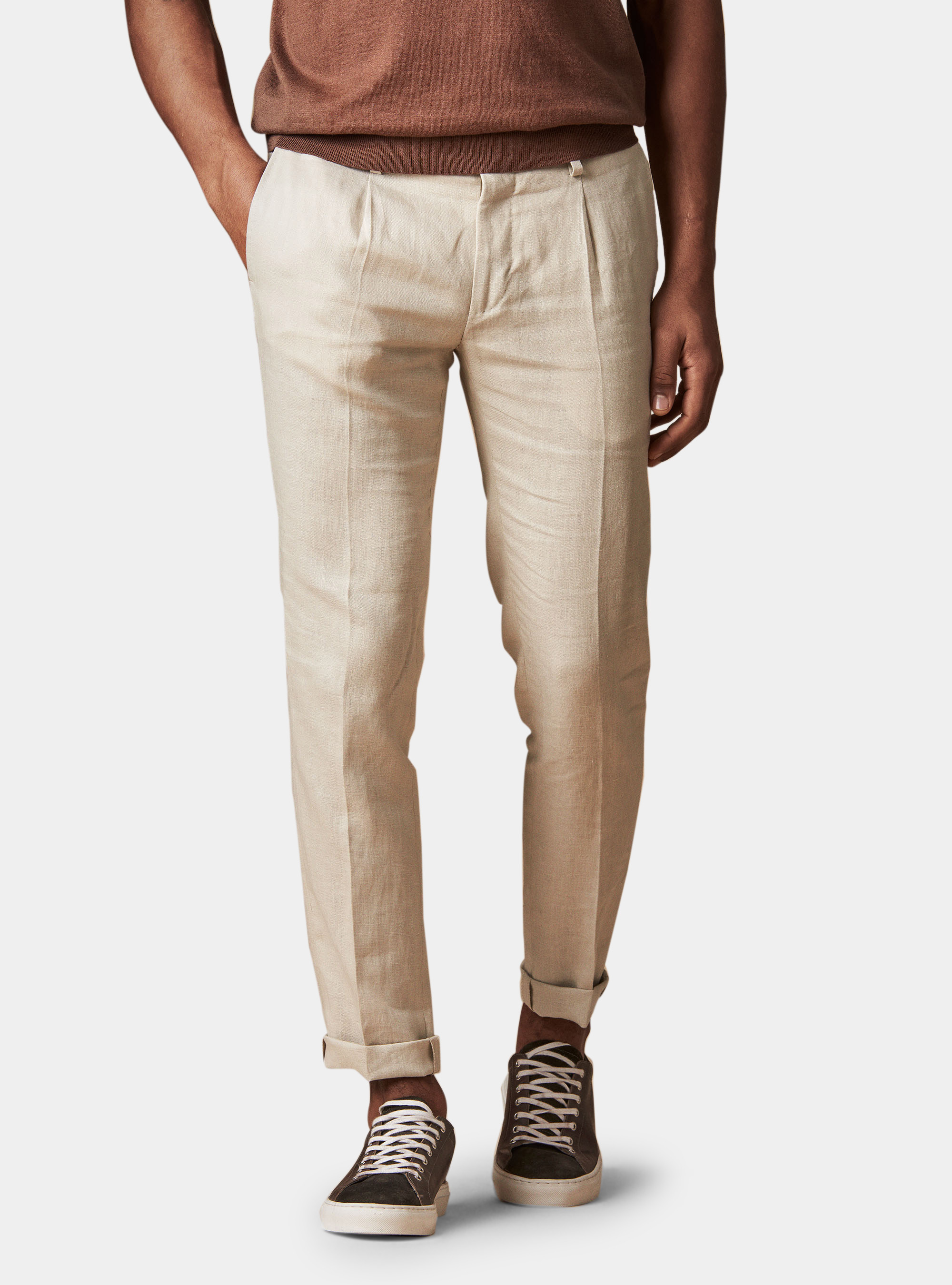 Pantalone con pince per abito in lino ritorto, ECRU