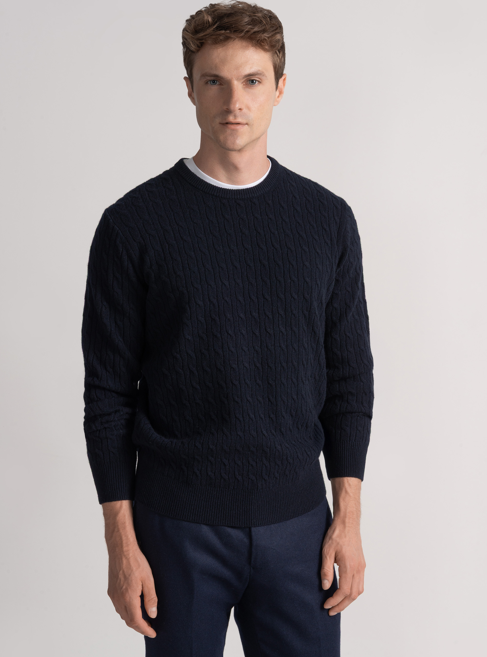 Maglia girocollo con treccia in lana e cashmere, BLU NAVY