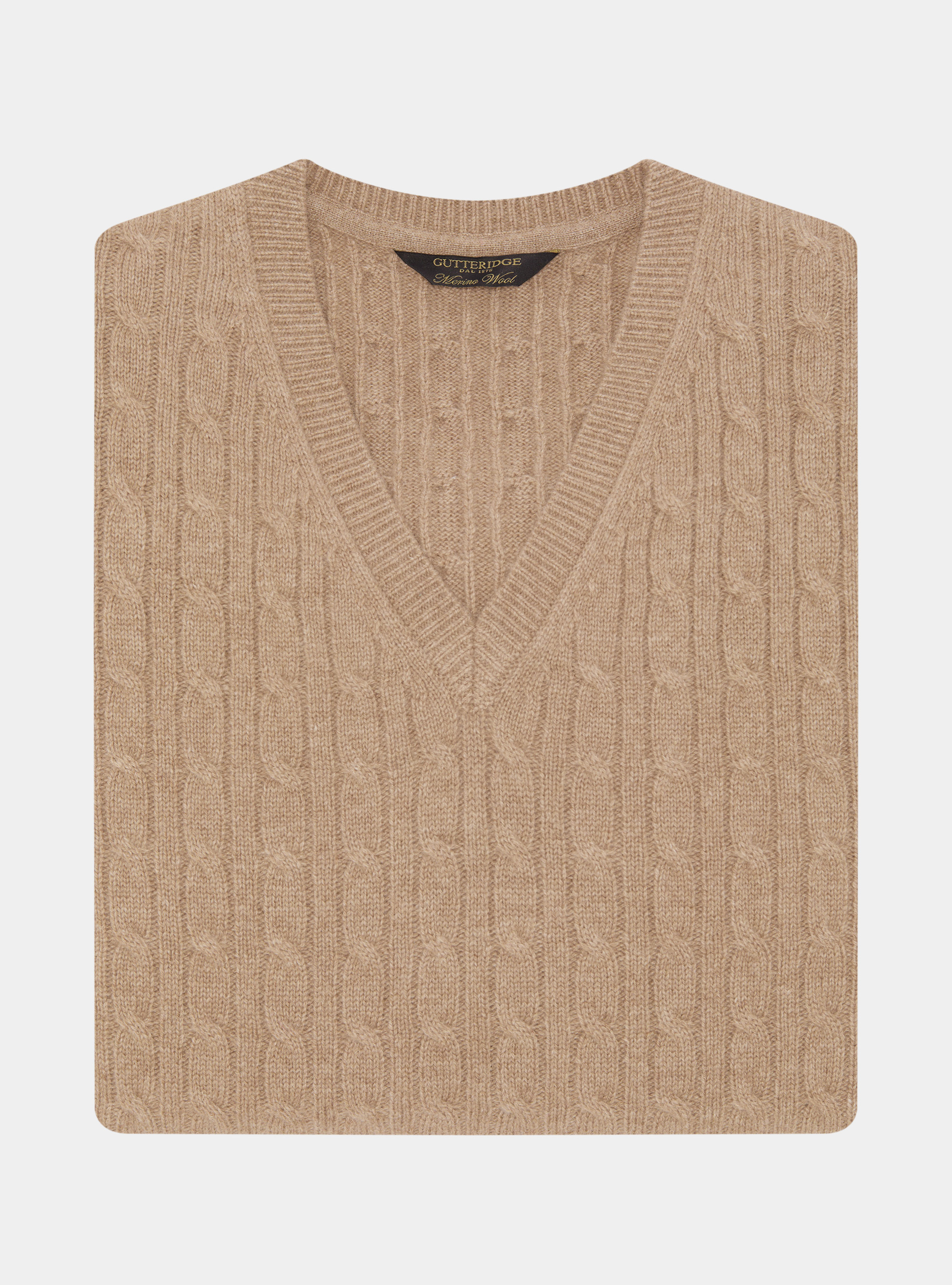 Merino wool V-neck sweater with braid, CAMMELLO 0570C