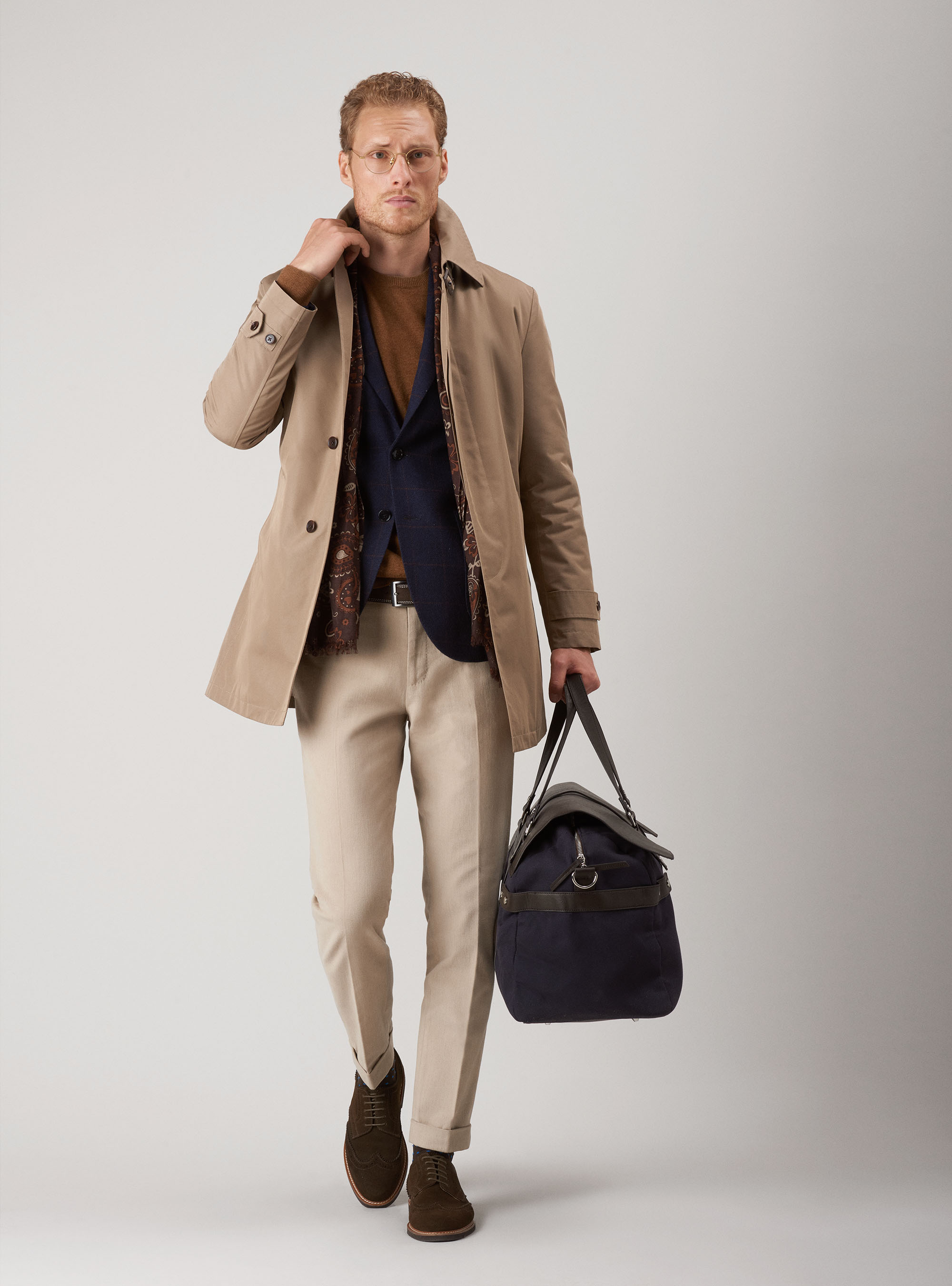 Checked jacket in lambswool and cashmere, NAVY BLUE