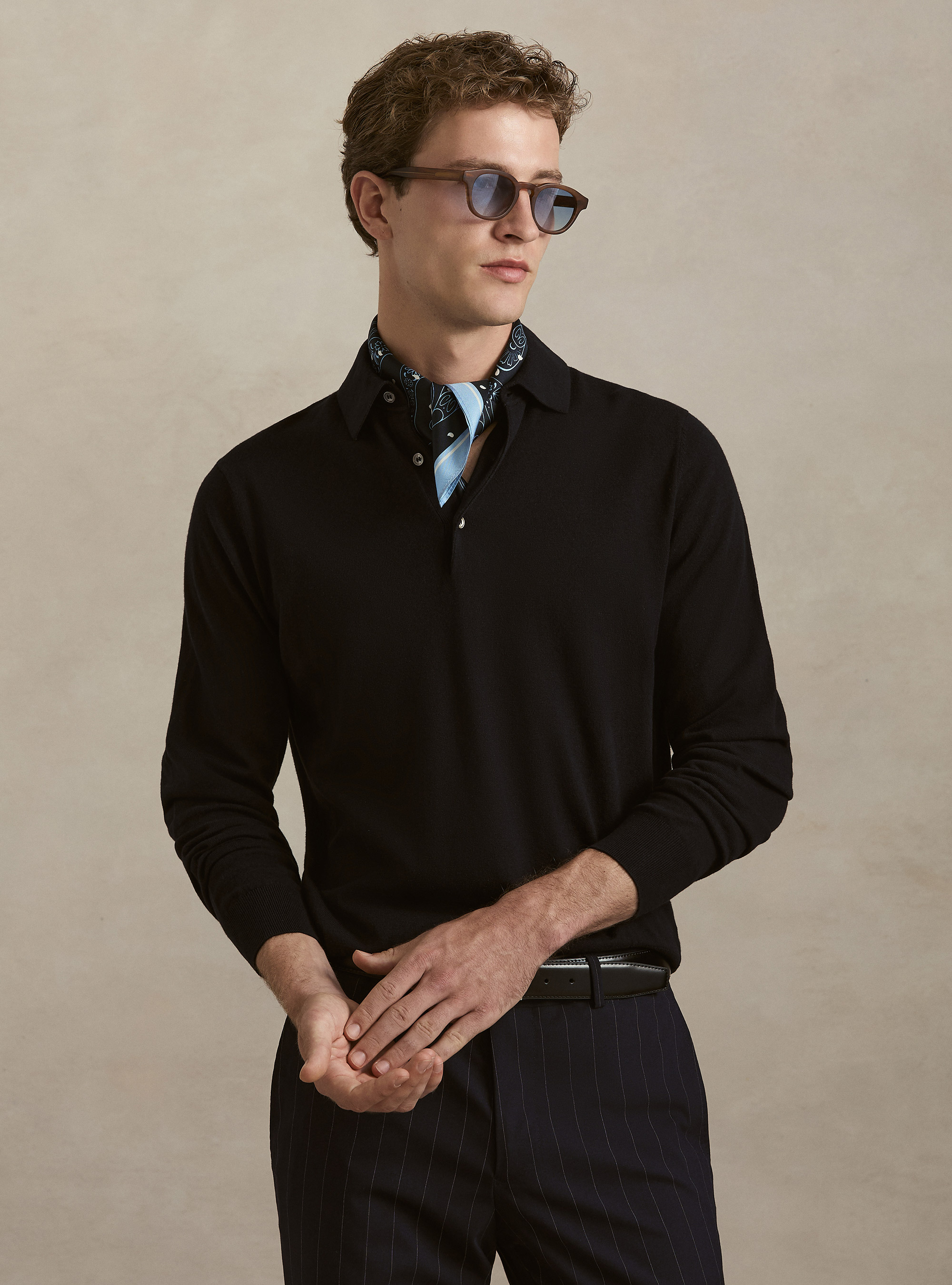 Polo in maglia di cotone e cashmere, BLU NAVY
