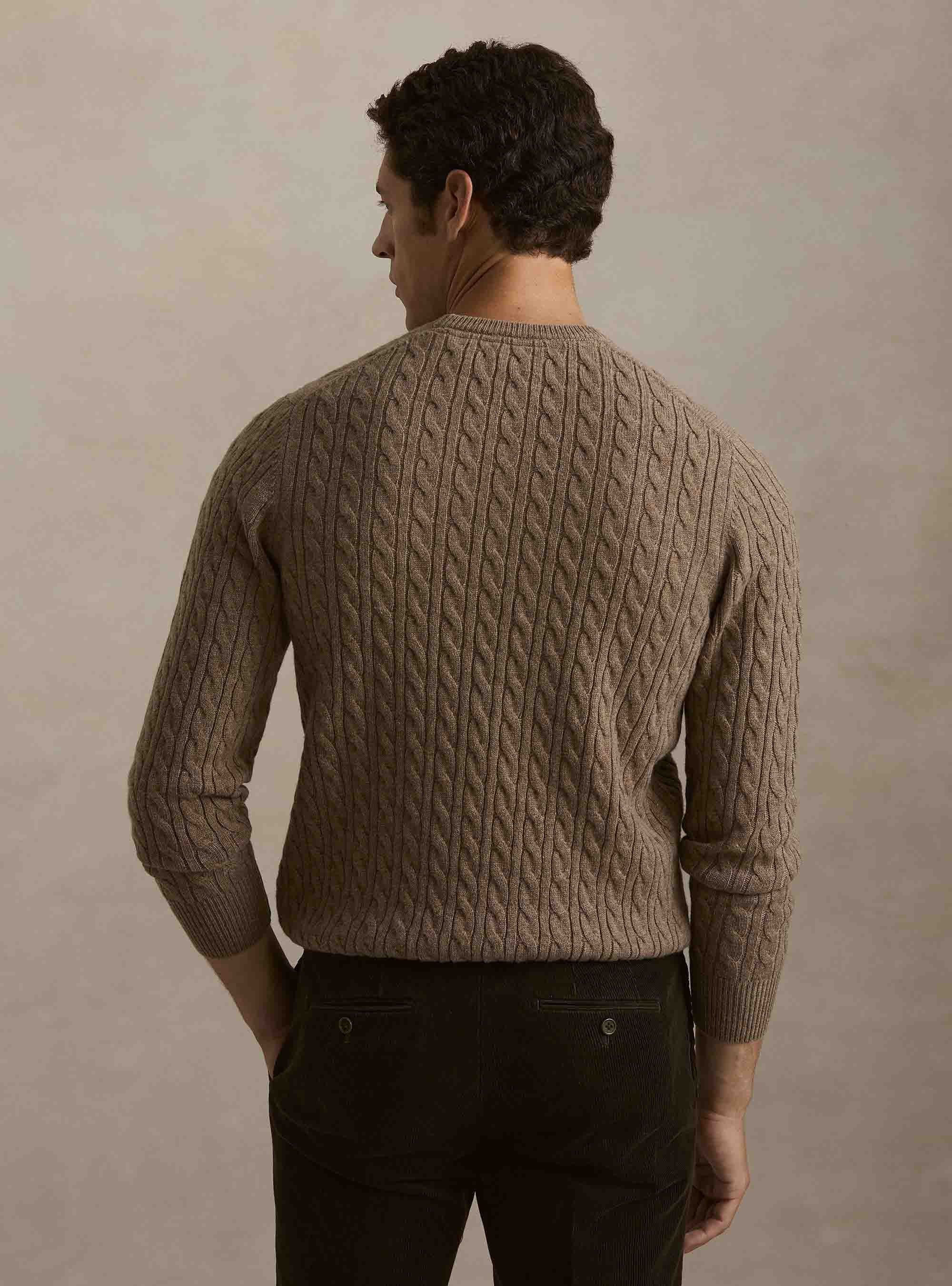 Girocollo in maglia con treccia in lana cashmere, FANGO