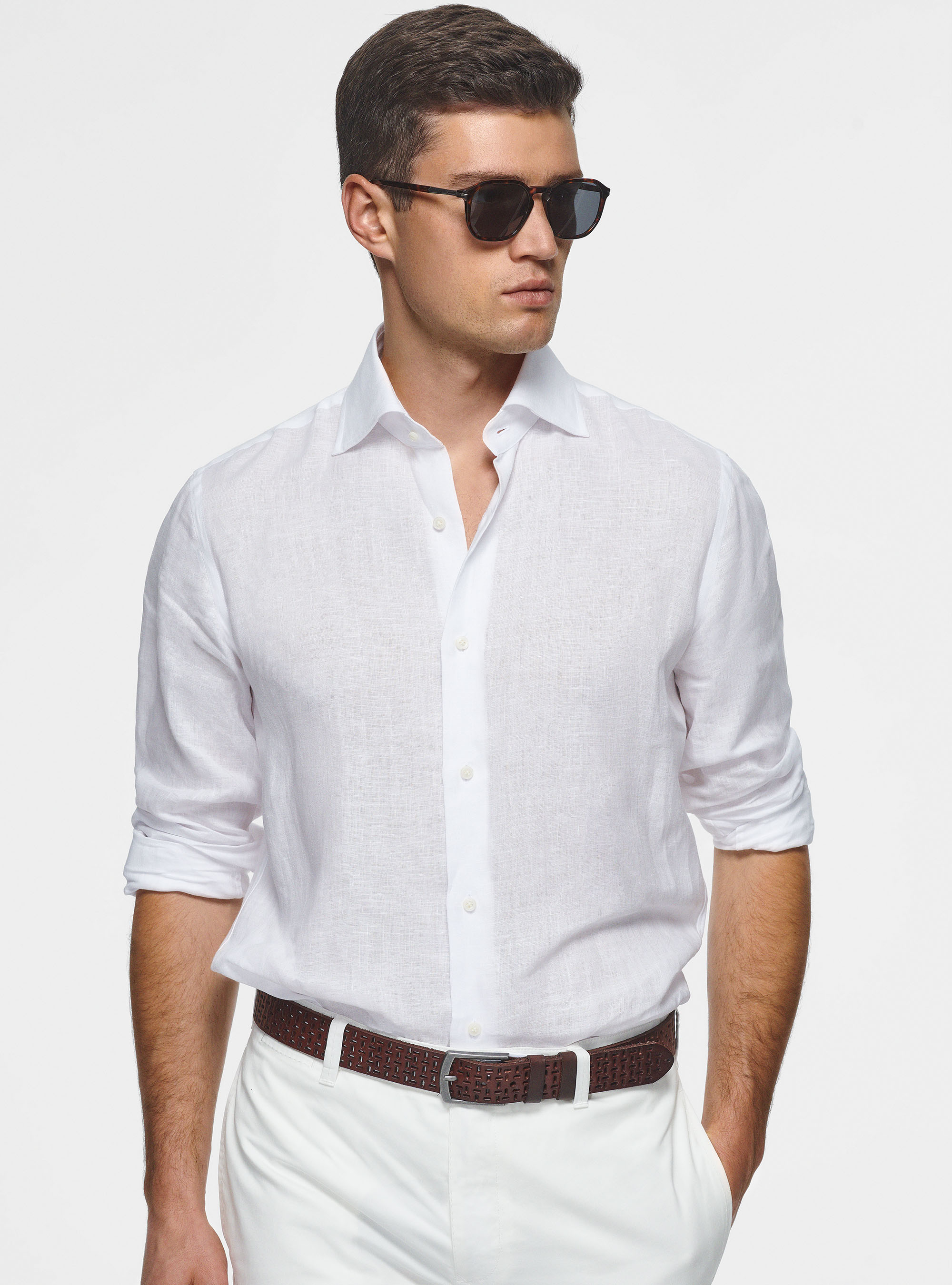 Camicia collo italiano in puro lino, BIANCO