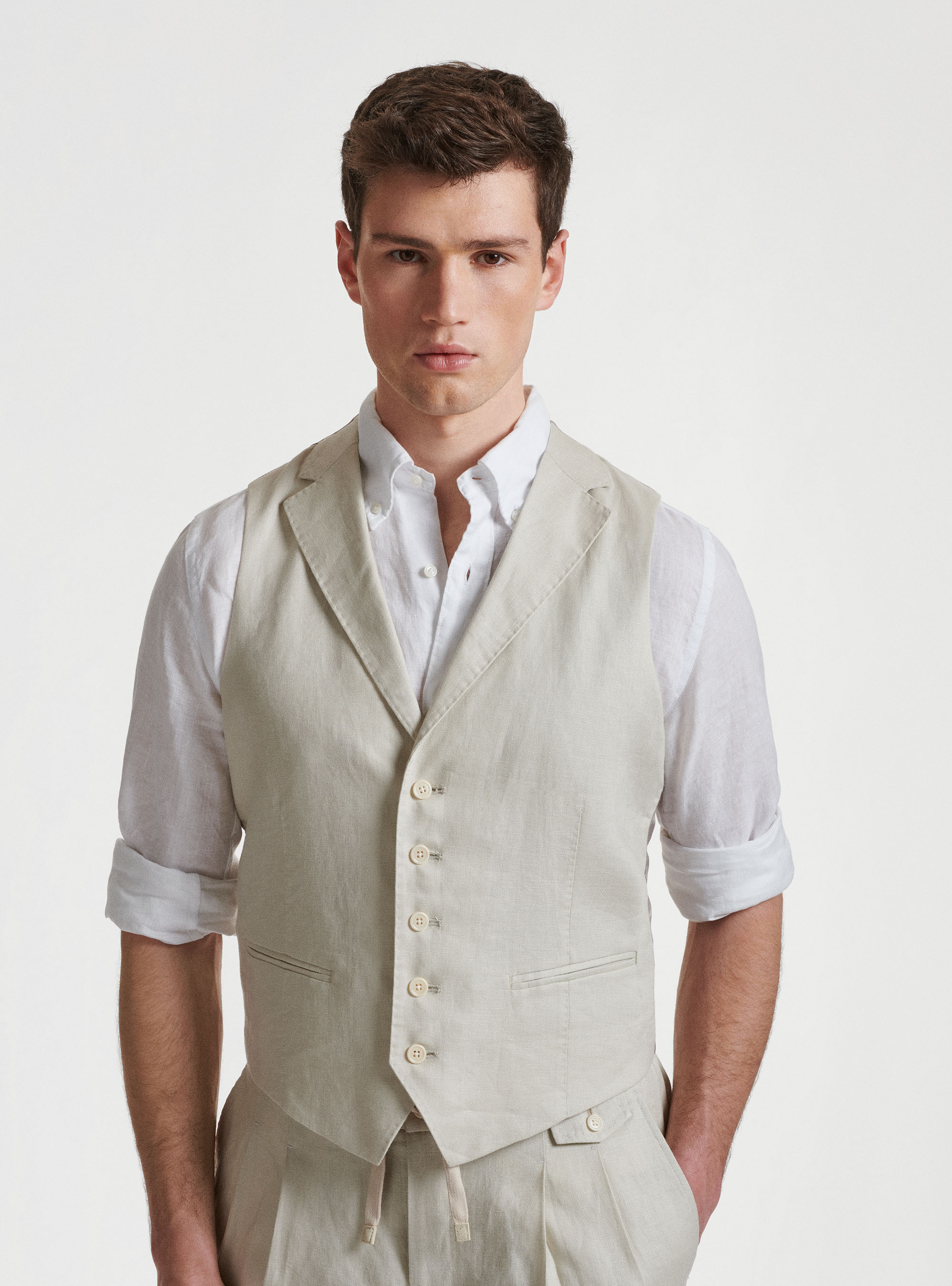 Pure linen single-breasted waistcoat with lapels, ECRU