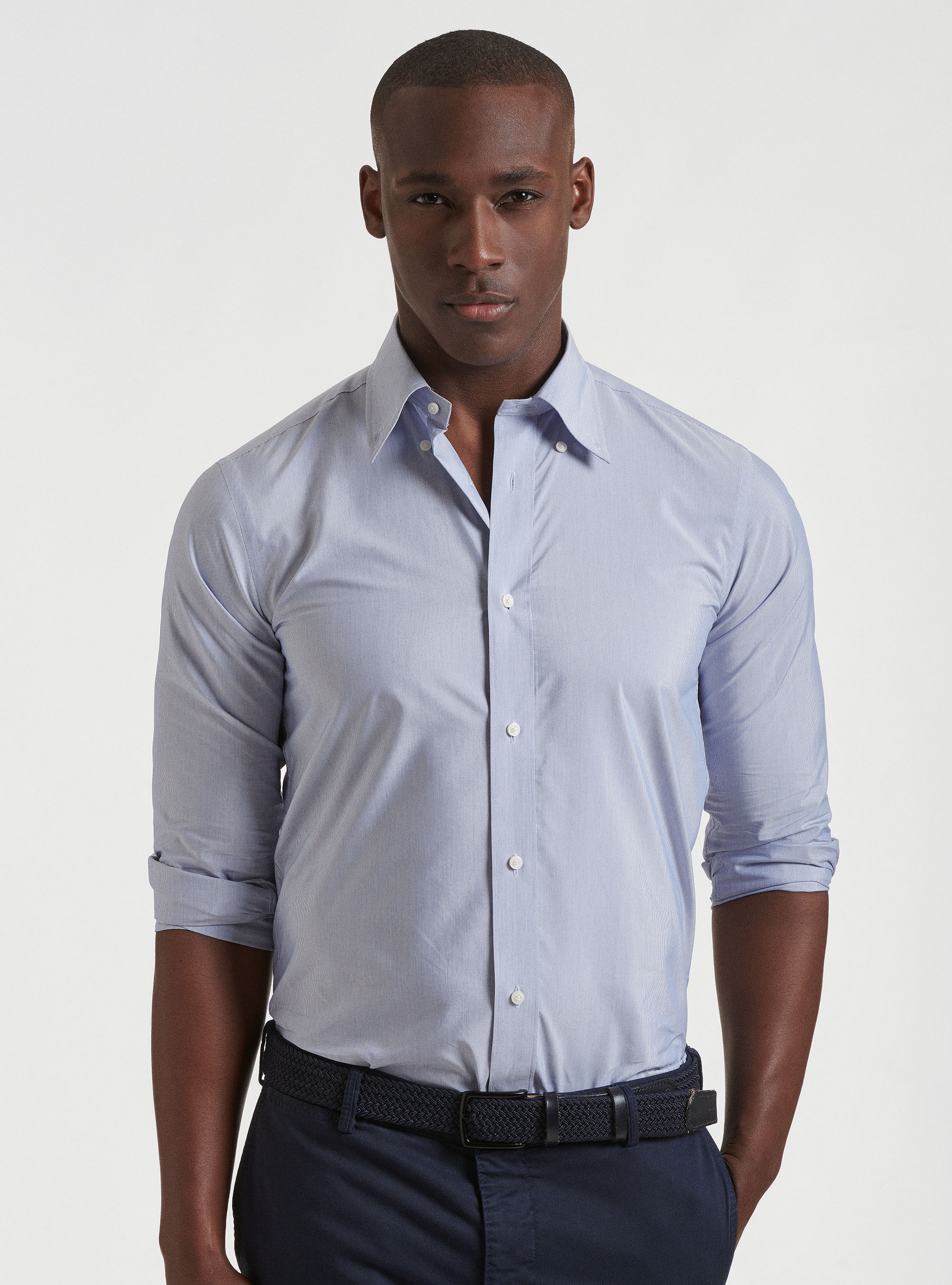 Camicia collo button down in misto cotone, BLU