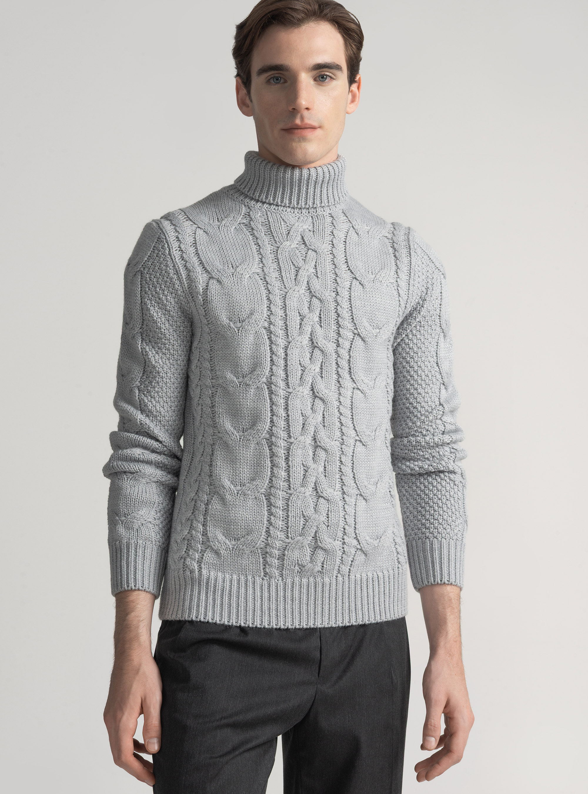Wool-blend turtleneck sweater with braid, LIGHT GREY MELANGE