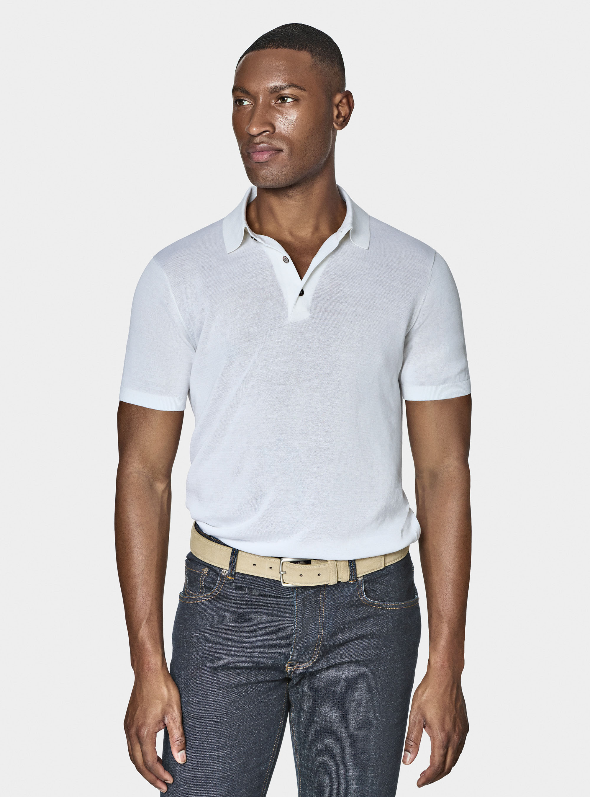 Polo en coton et soie, BLANC