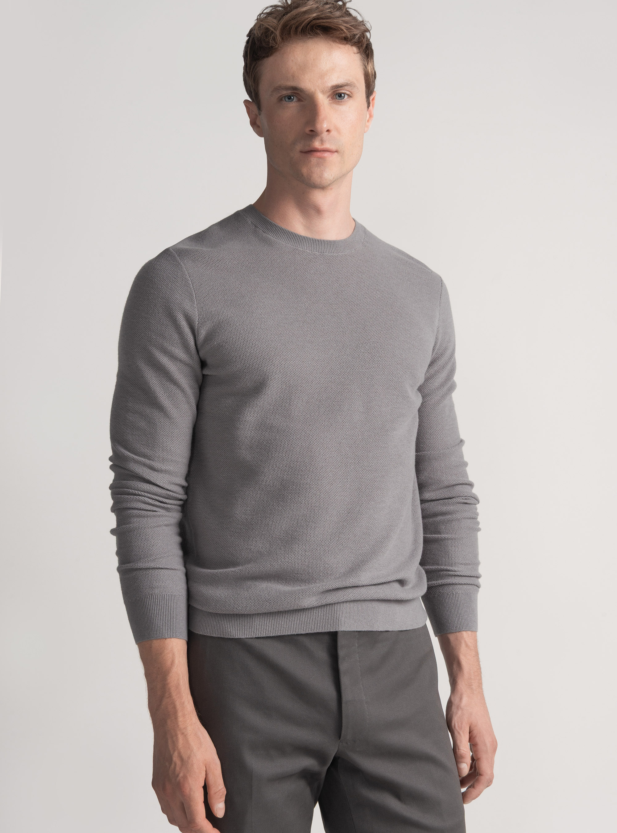 Cotton cashmere honeycomb crew-neck sweater, GREY