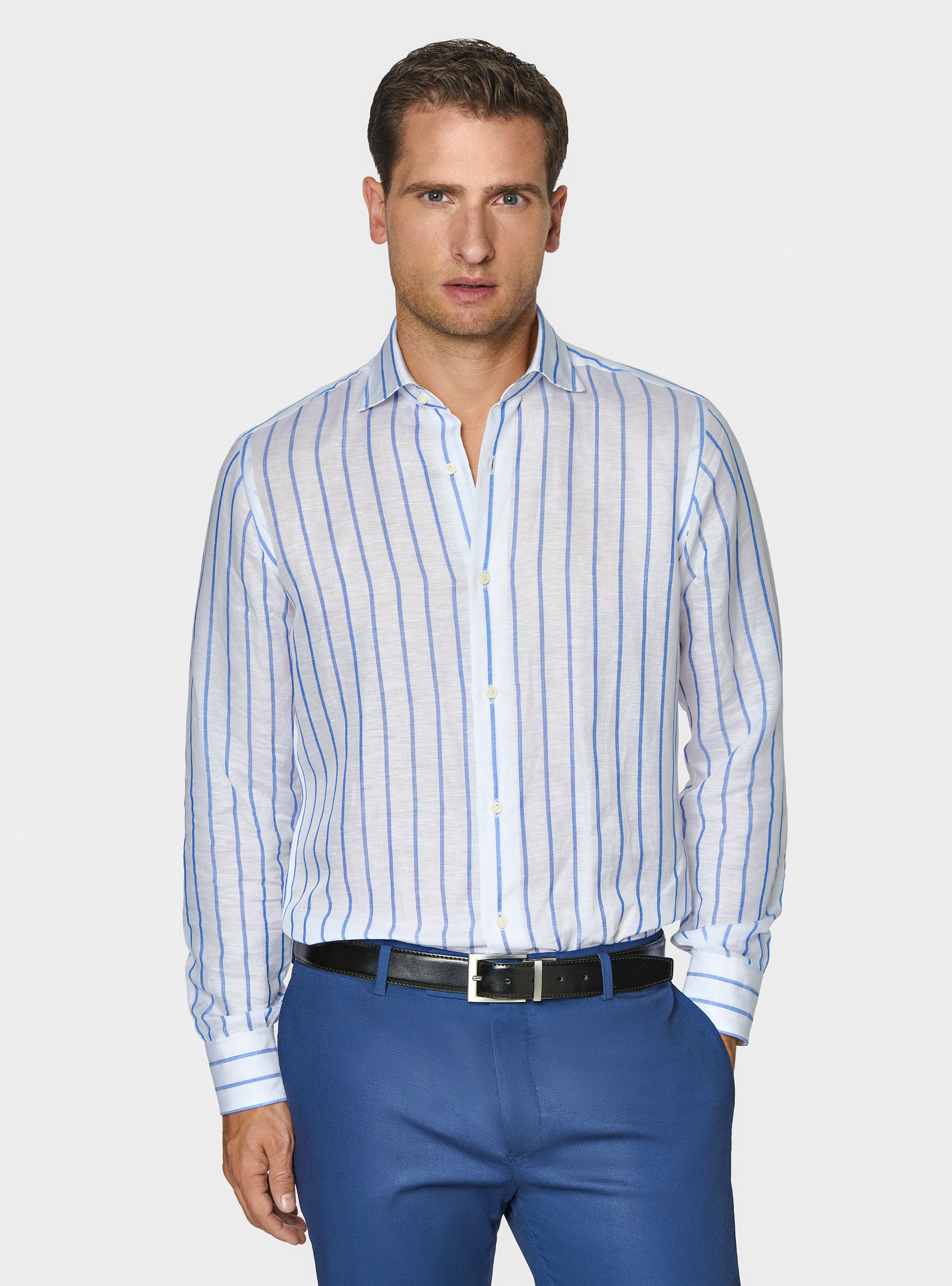 Linen blend striped shirt, BLUE