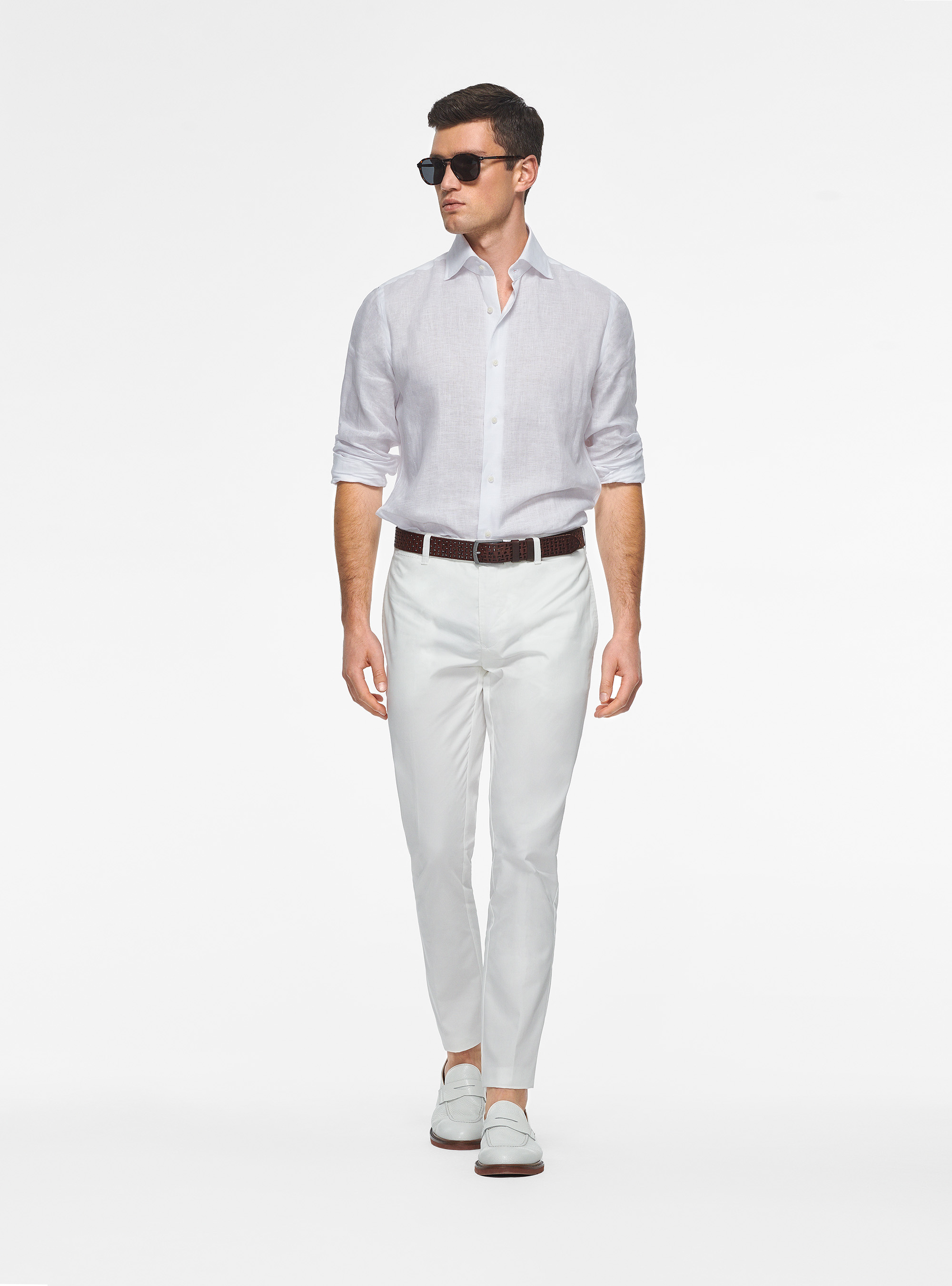 Camicia collo italiano in puro lino, BIANCO