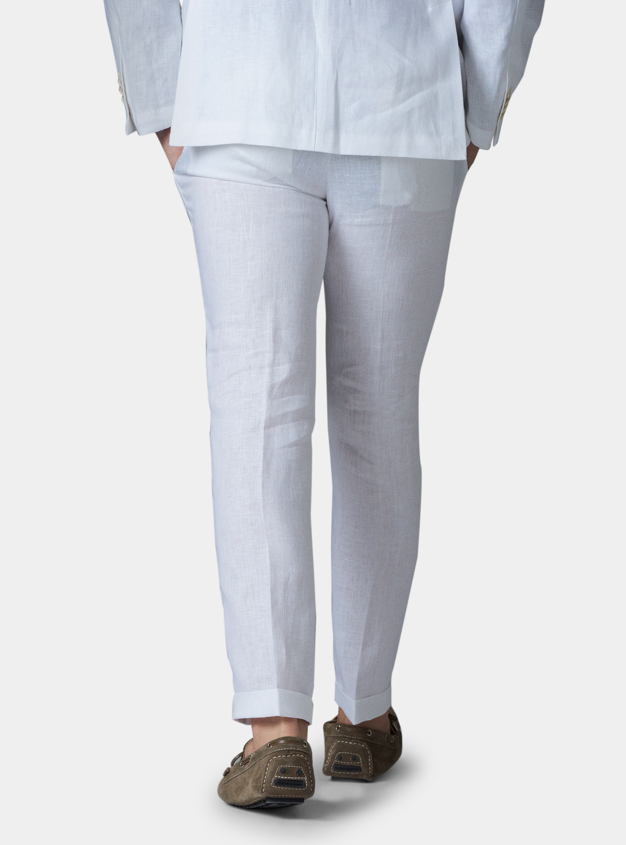 Pantalone con pince per abito in lino ritorto, BIANCO