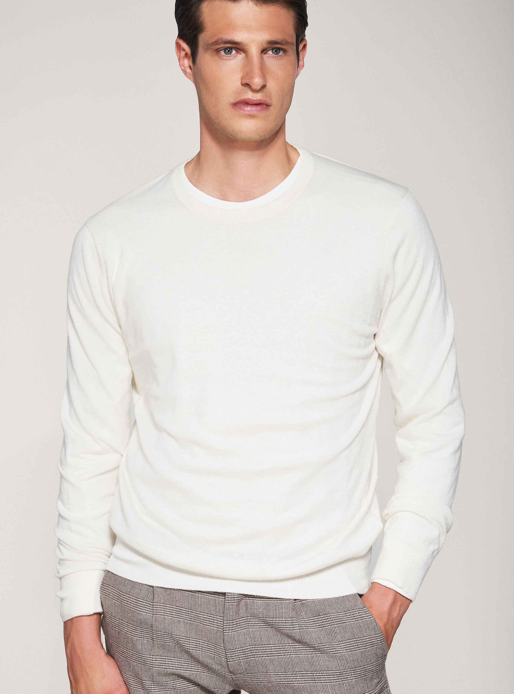 Maglia girocollo in cotone seta e cashmere, BIANCO