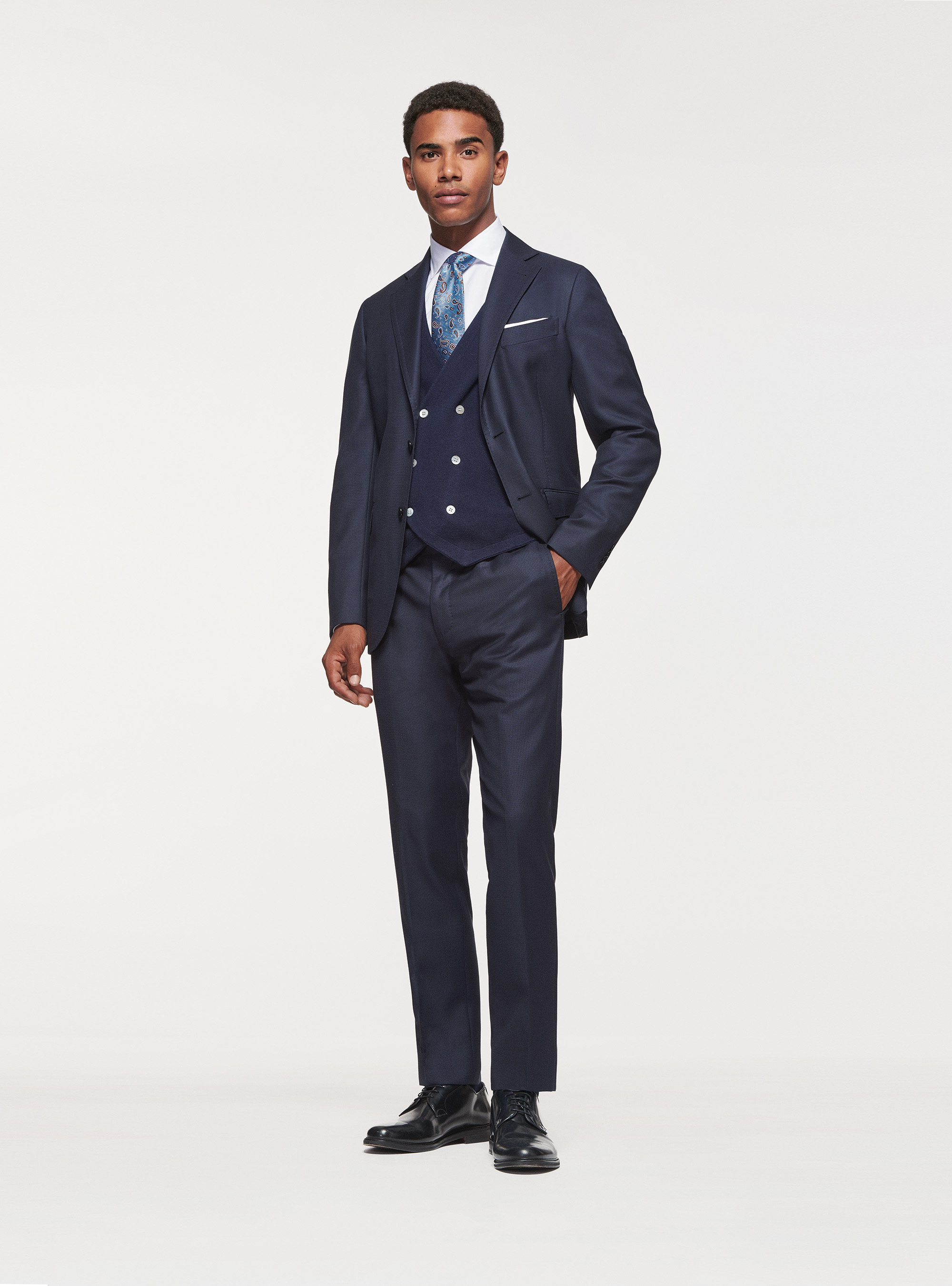 Pantaloni occhio di pernice in pura lana, BLU NAVY