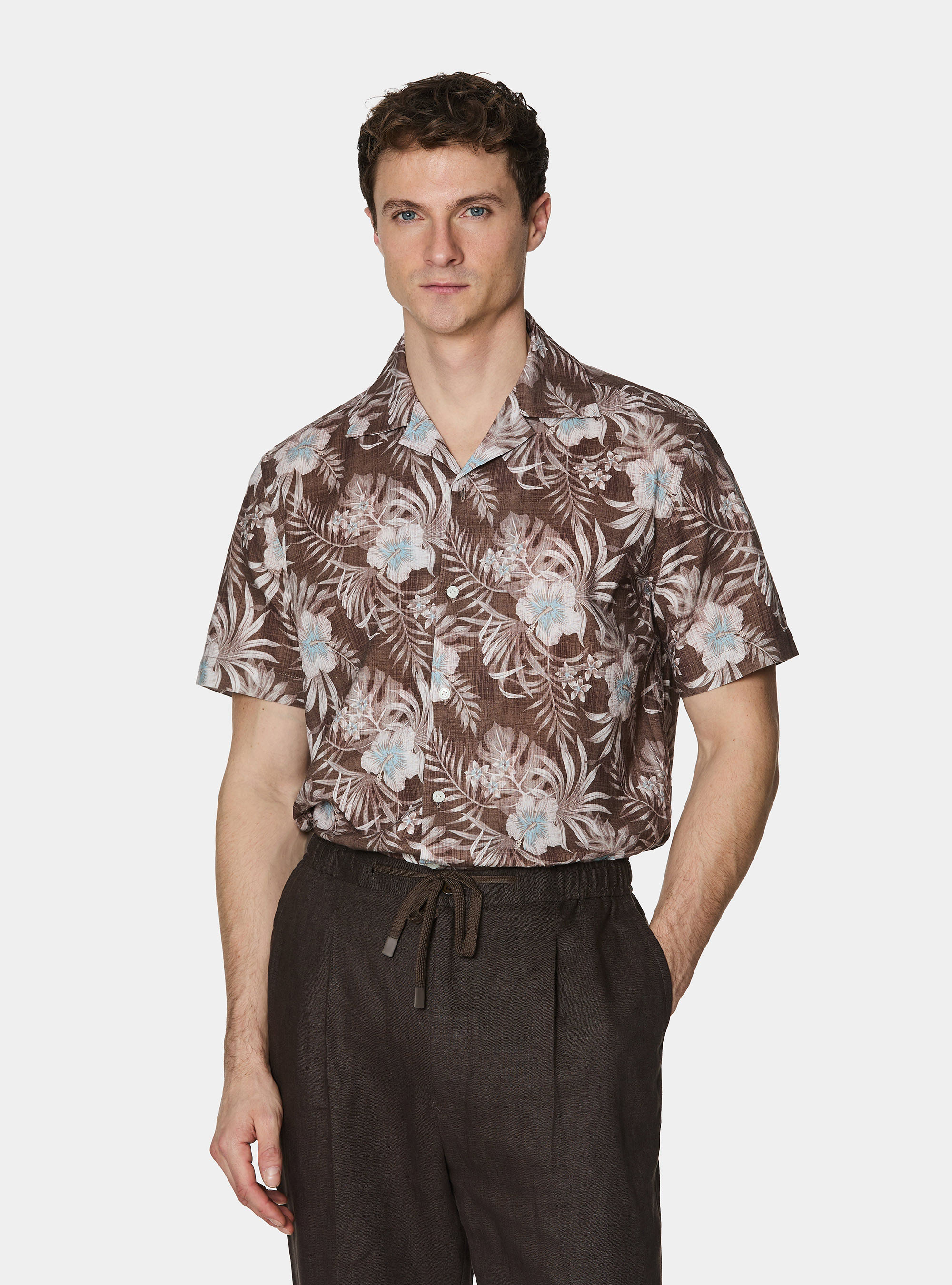 Camicia bowling in lino e cotone stampato, MARRONE