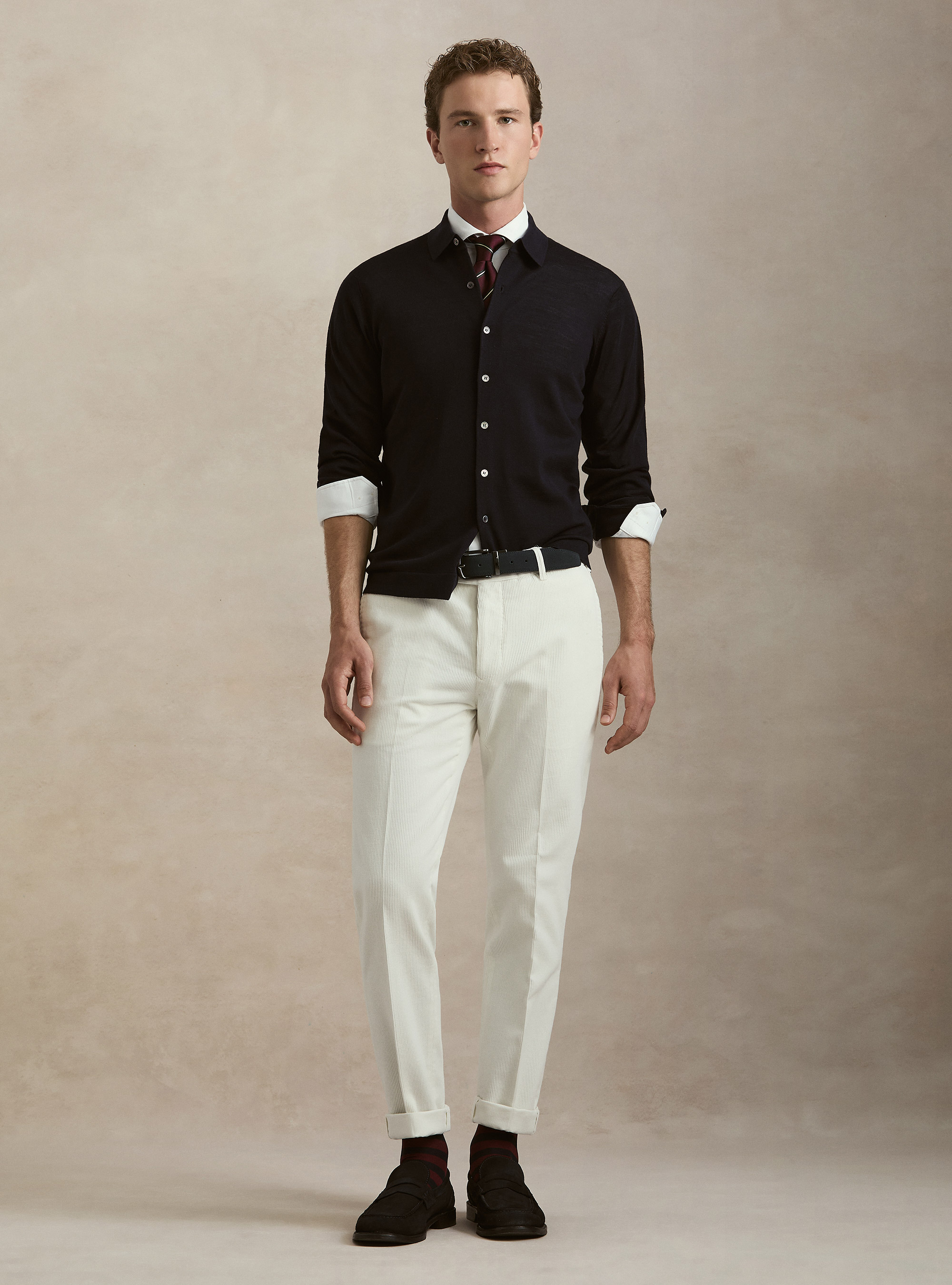 Long-sleeved extrafine merino wool knitted polo, NAVY BLUE