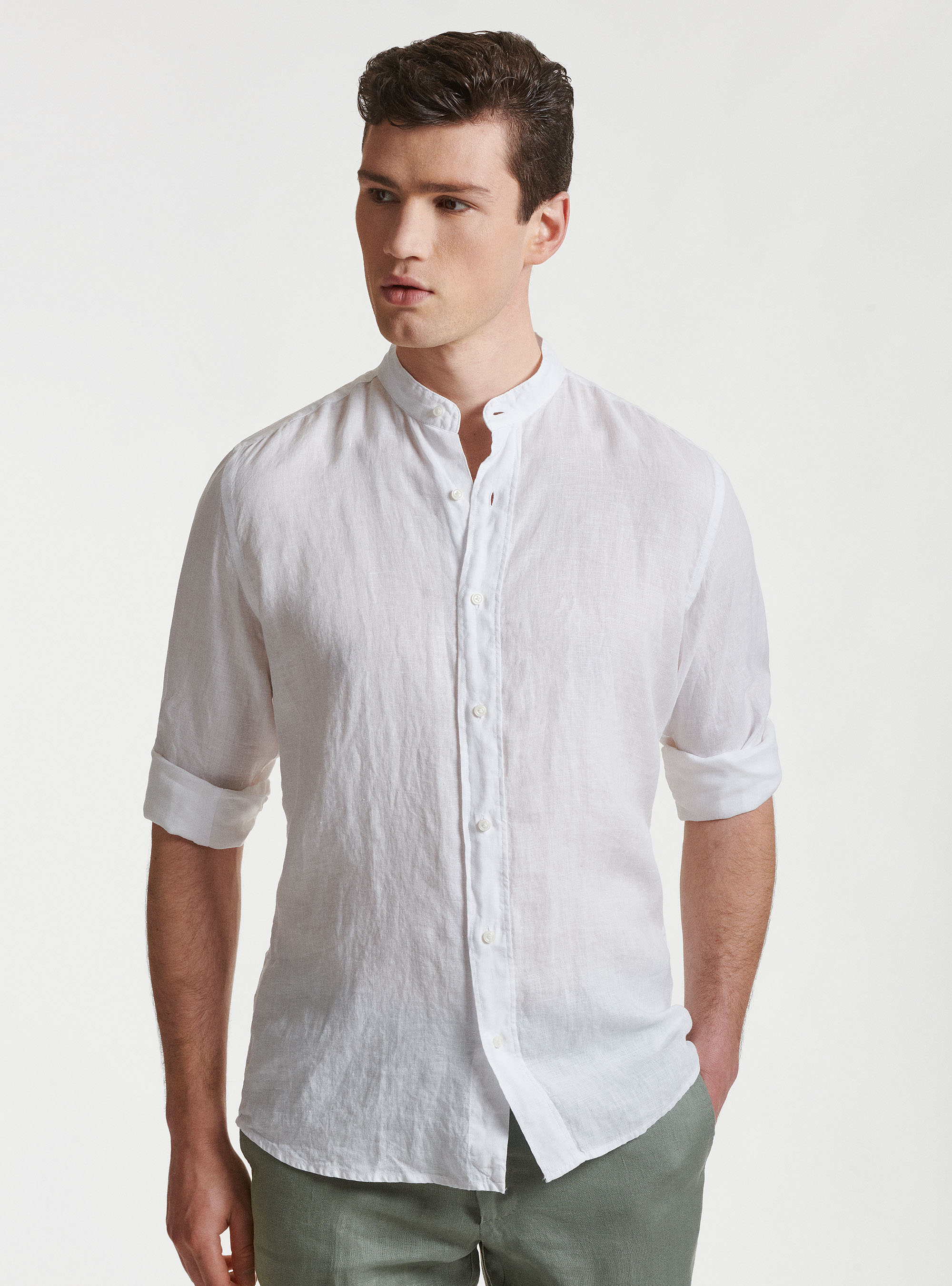 Camisa de cuello coreano en puro lino, BLANCO