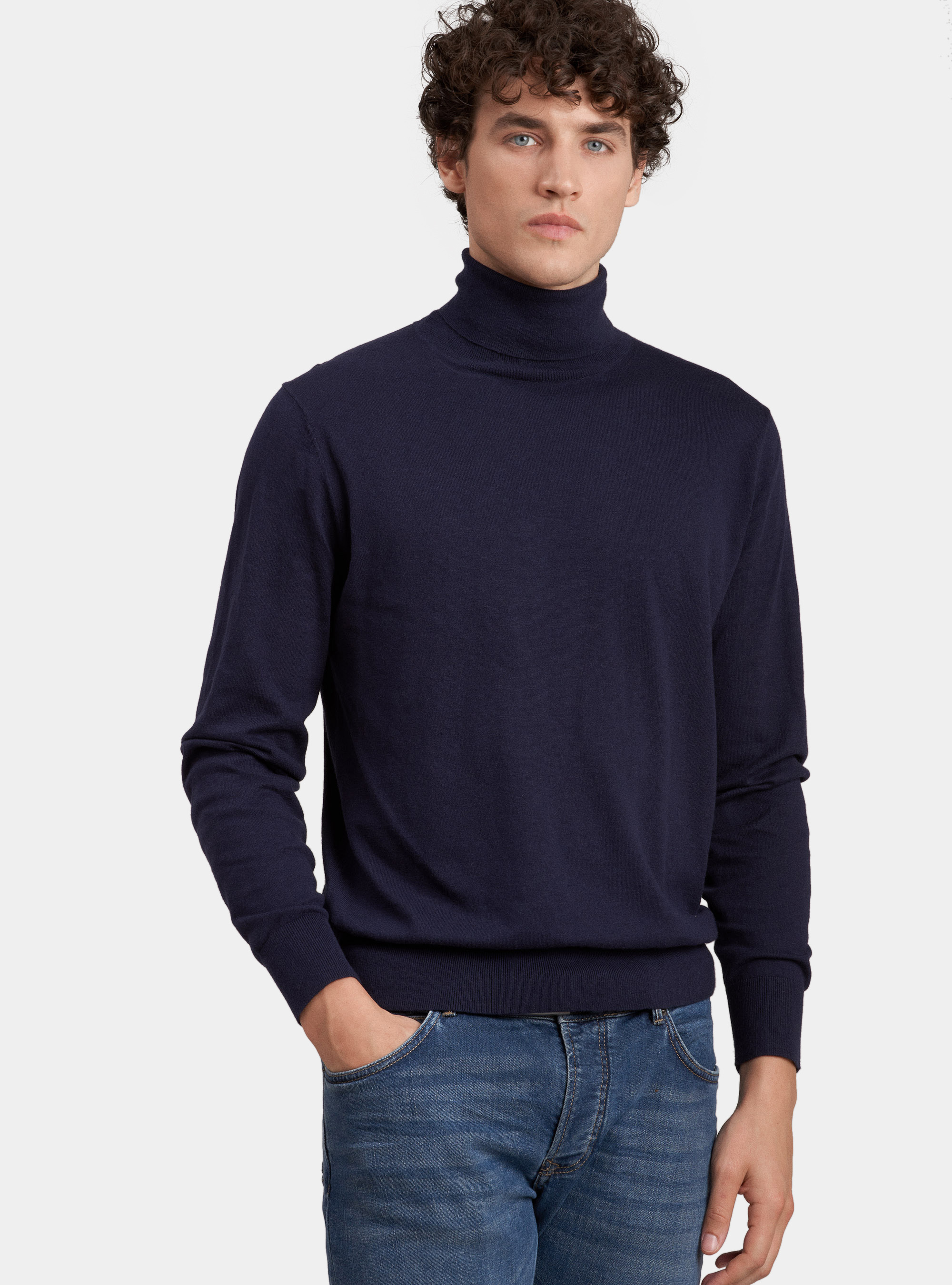 Cotton silk and cashmere turtleneck sweater, NAVY BLUE