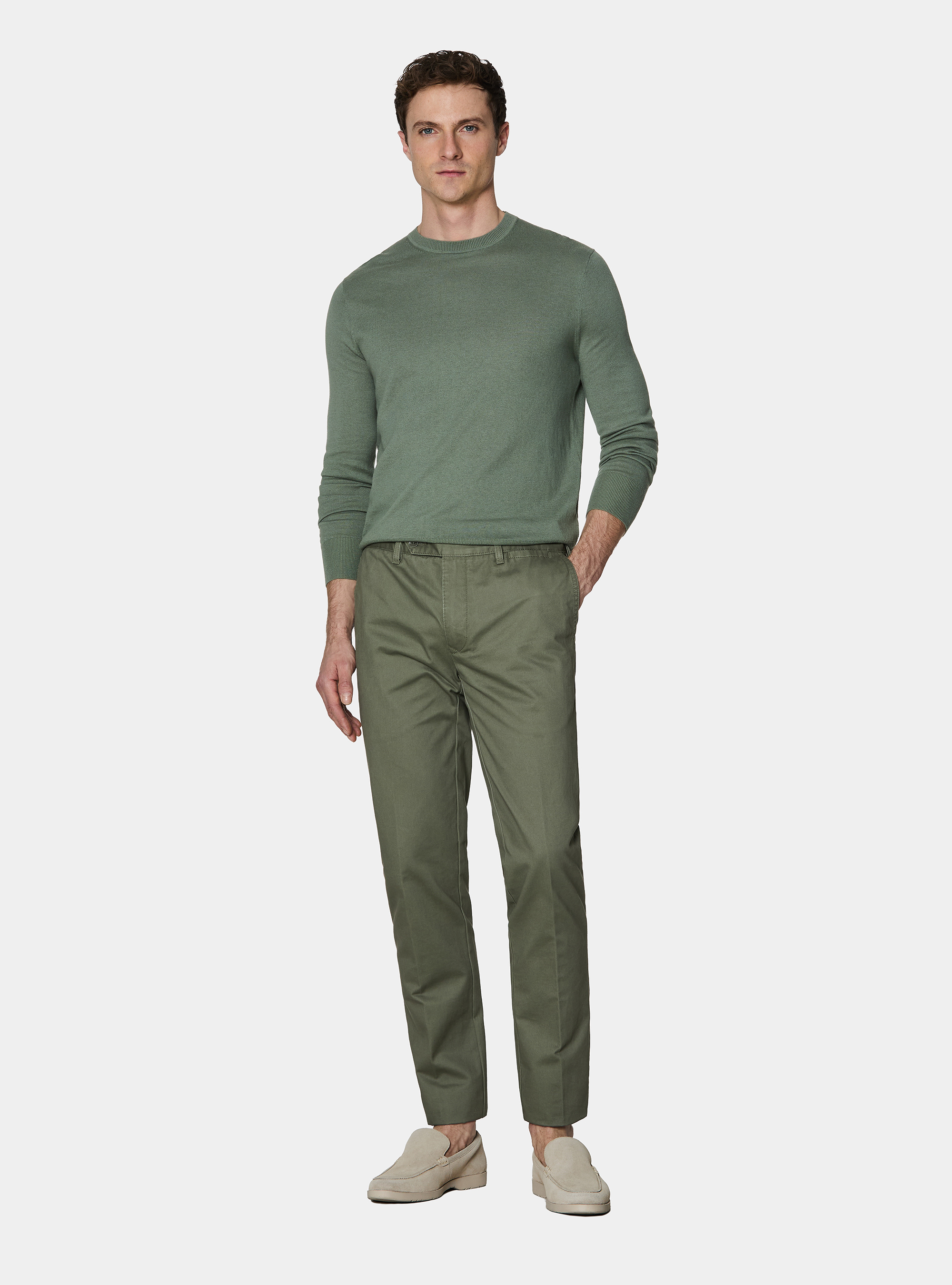 Maglia girocollo in cotone seta e cashmere, VERDE SALVIA 0604C