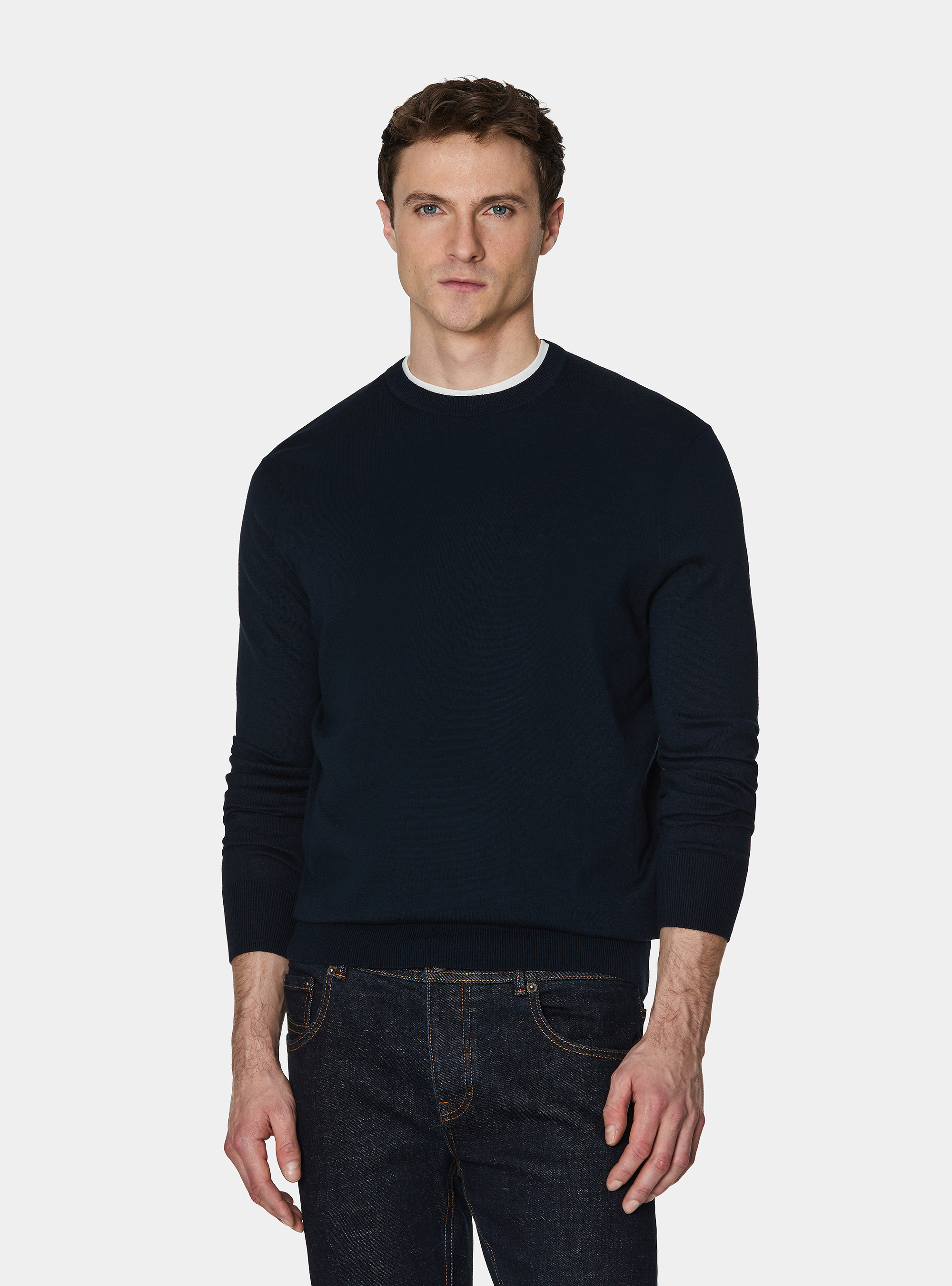 Maglia girocollo in cotone seta e cashmere, BLU NAVY