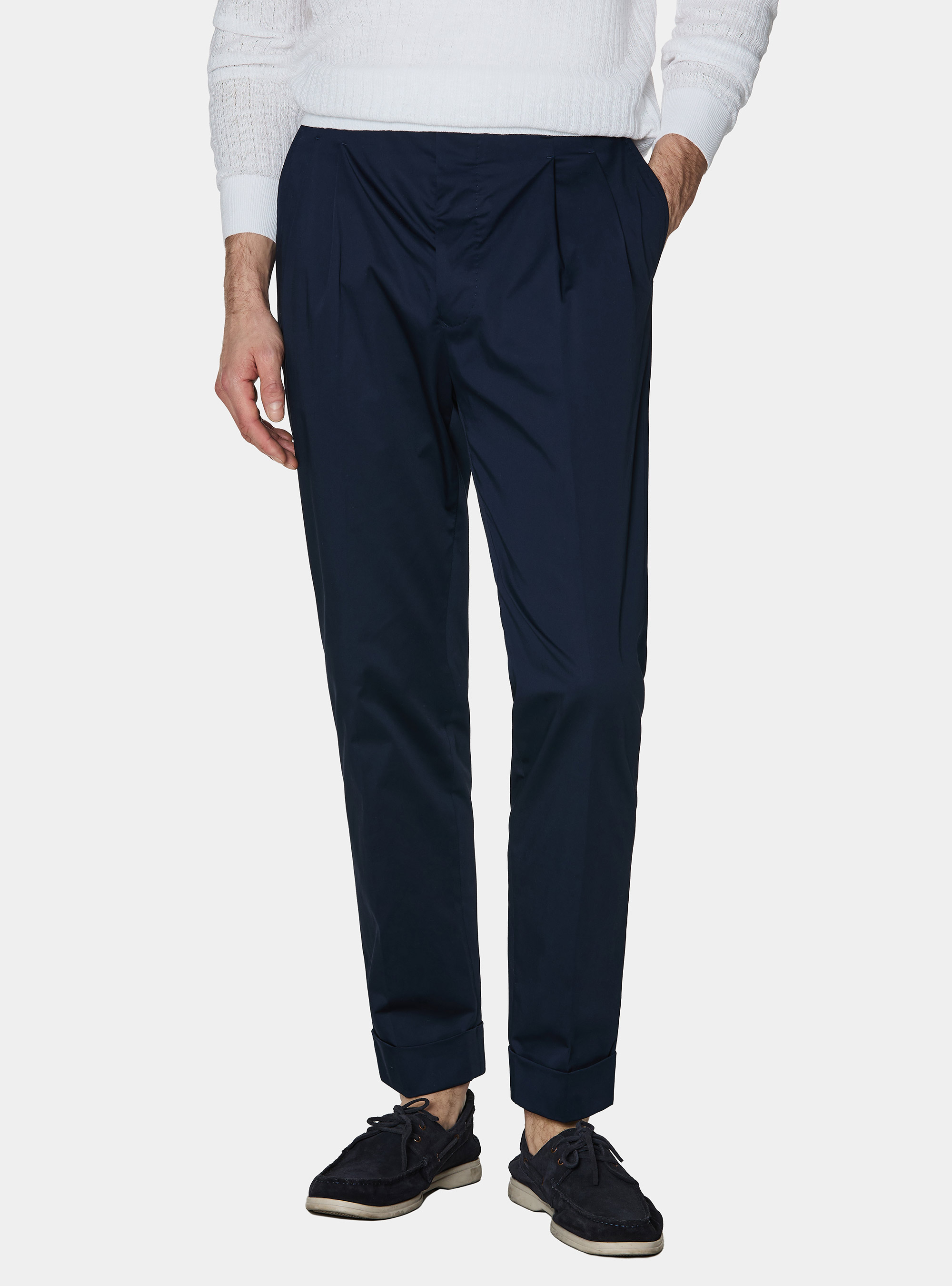 Stretch poplin cotton pleated trousers, NAVY BLUE