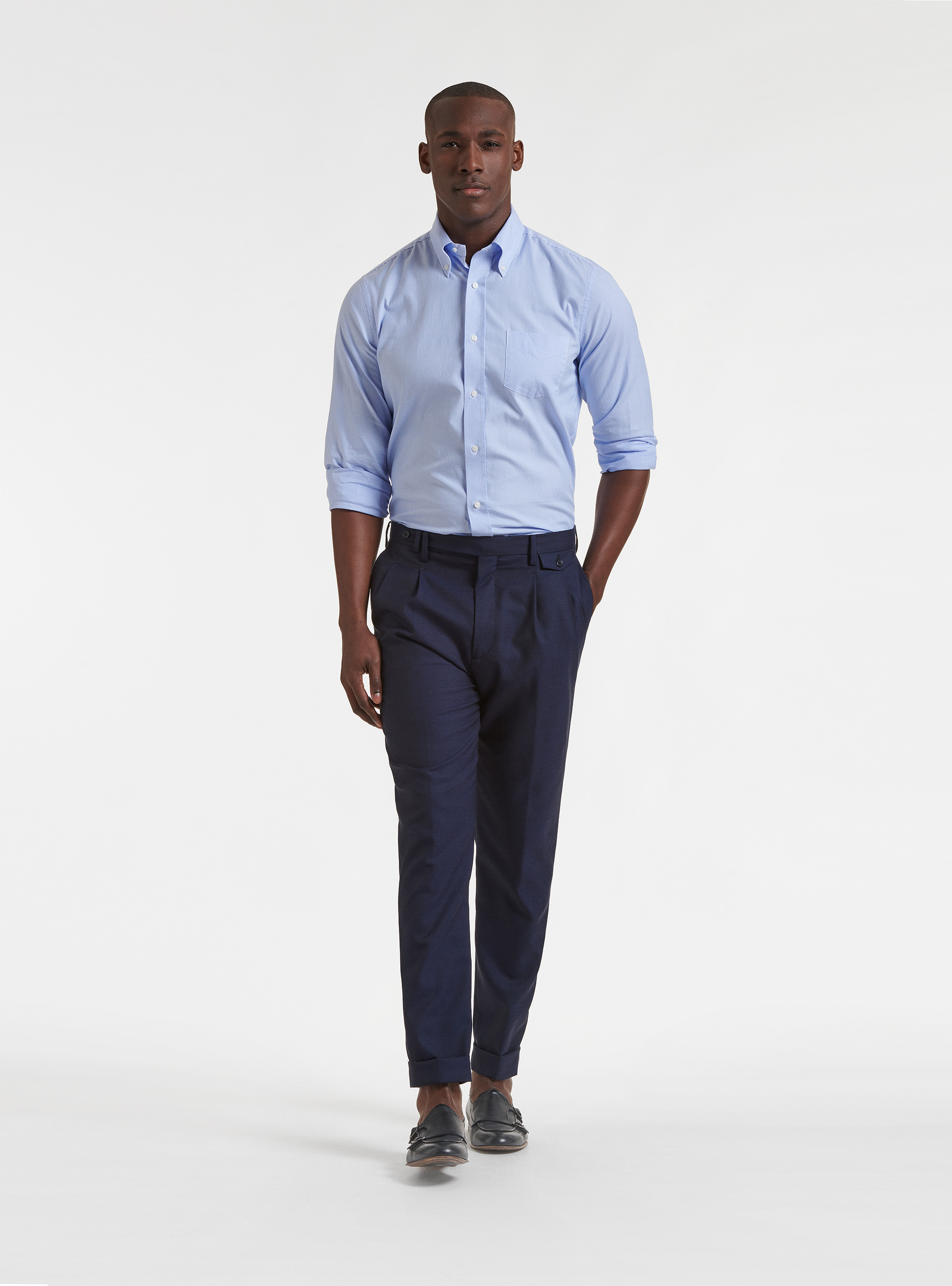 Camicia collo button down in oxford di cotone doppio ritorto, AZZURRO