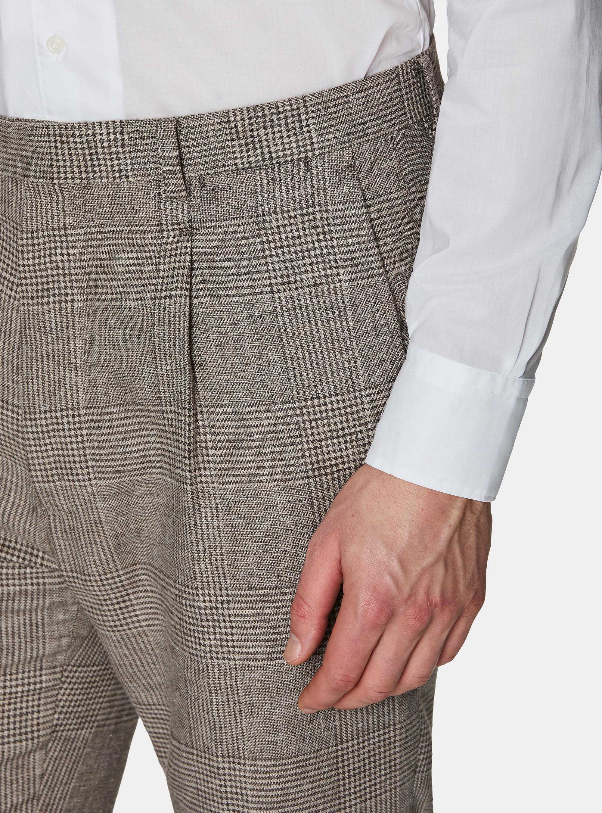 Patterned pants with pleats in linen and cotton, BROWN