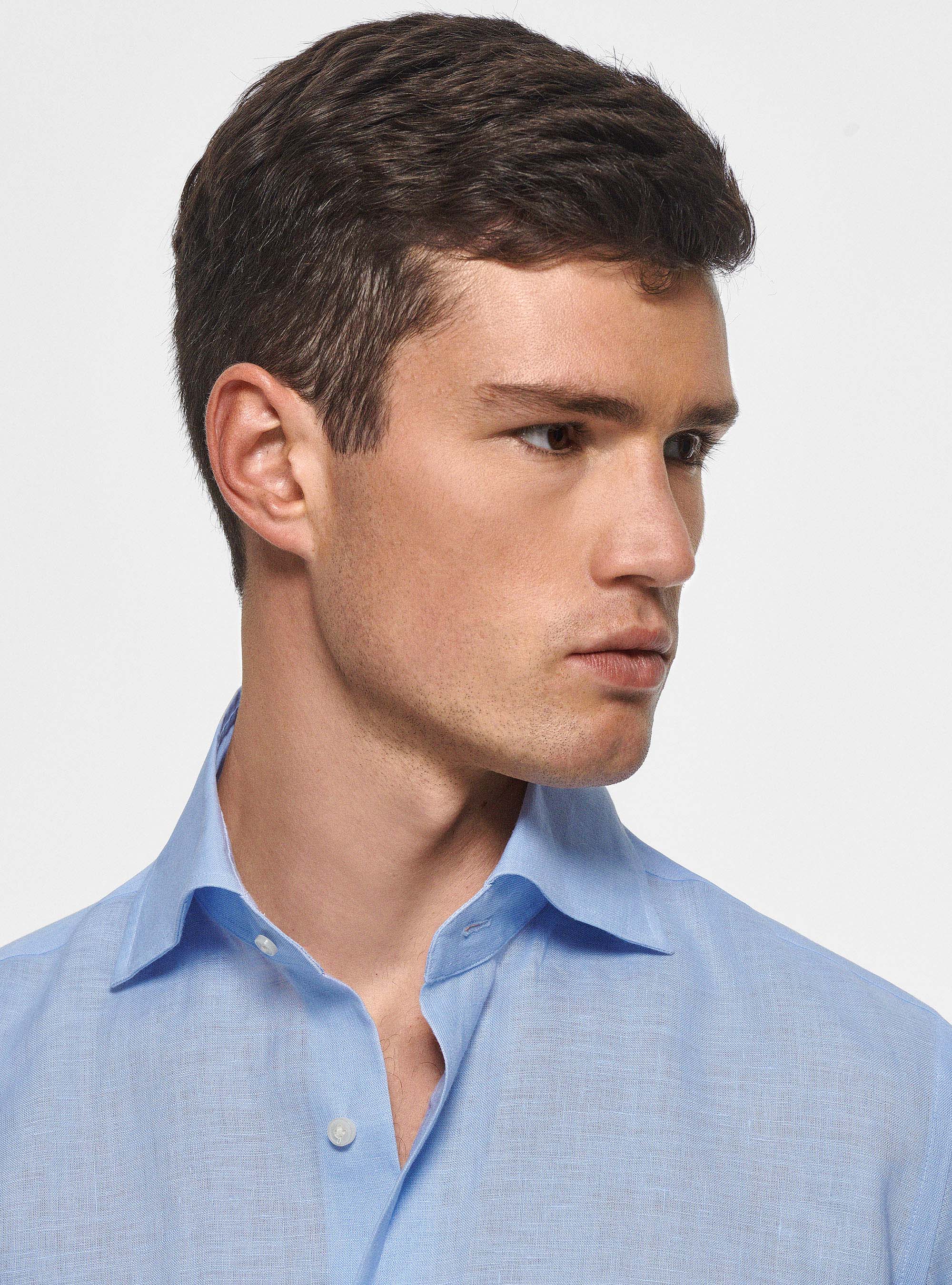 Camicia collo italiano in puro lino, AZZURRO