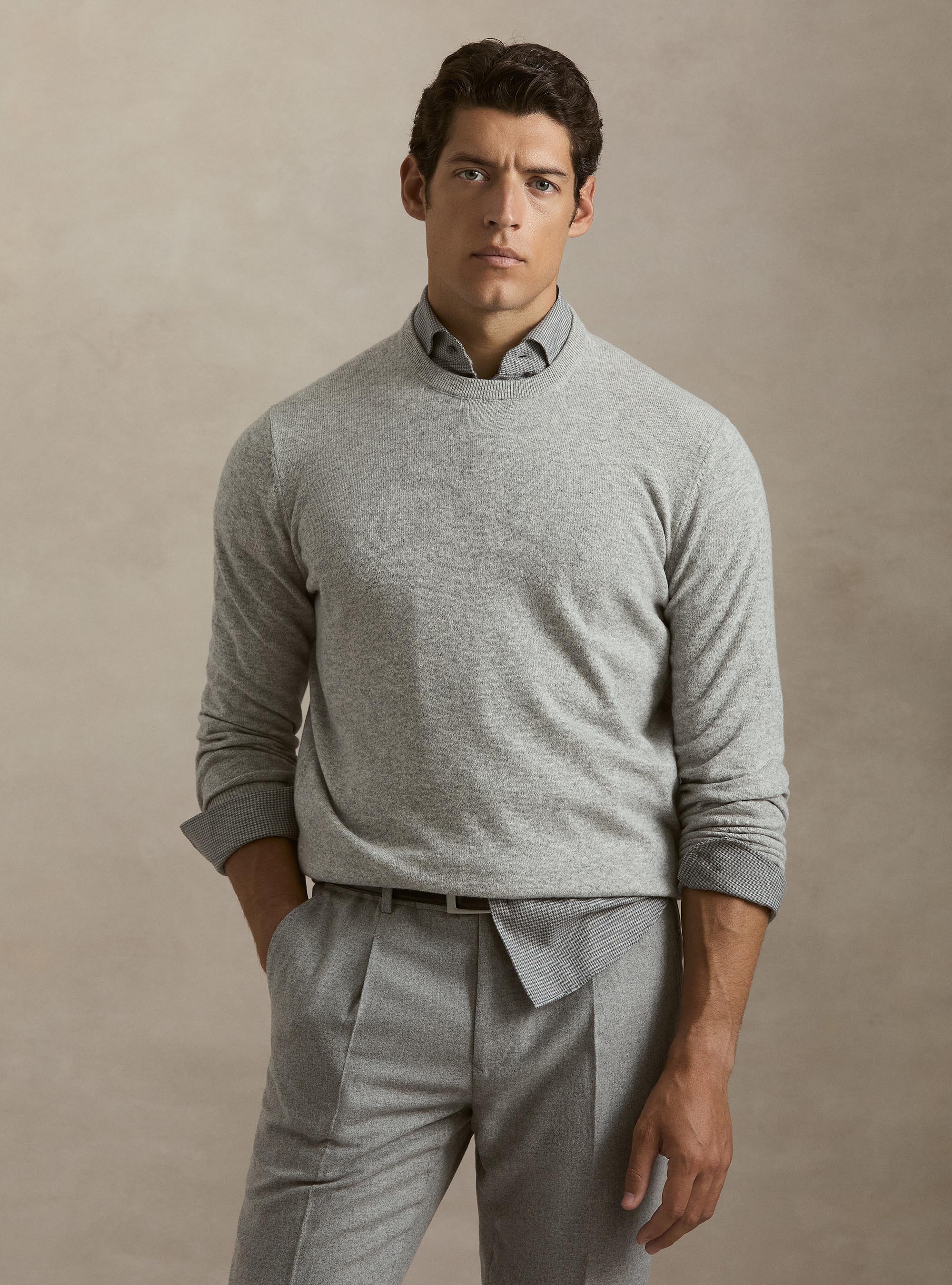 Rundhals-Pullover aus Lambswool und Kaschmir, GRIGIO CHIARO MEL 0150C