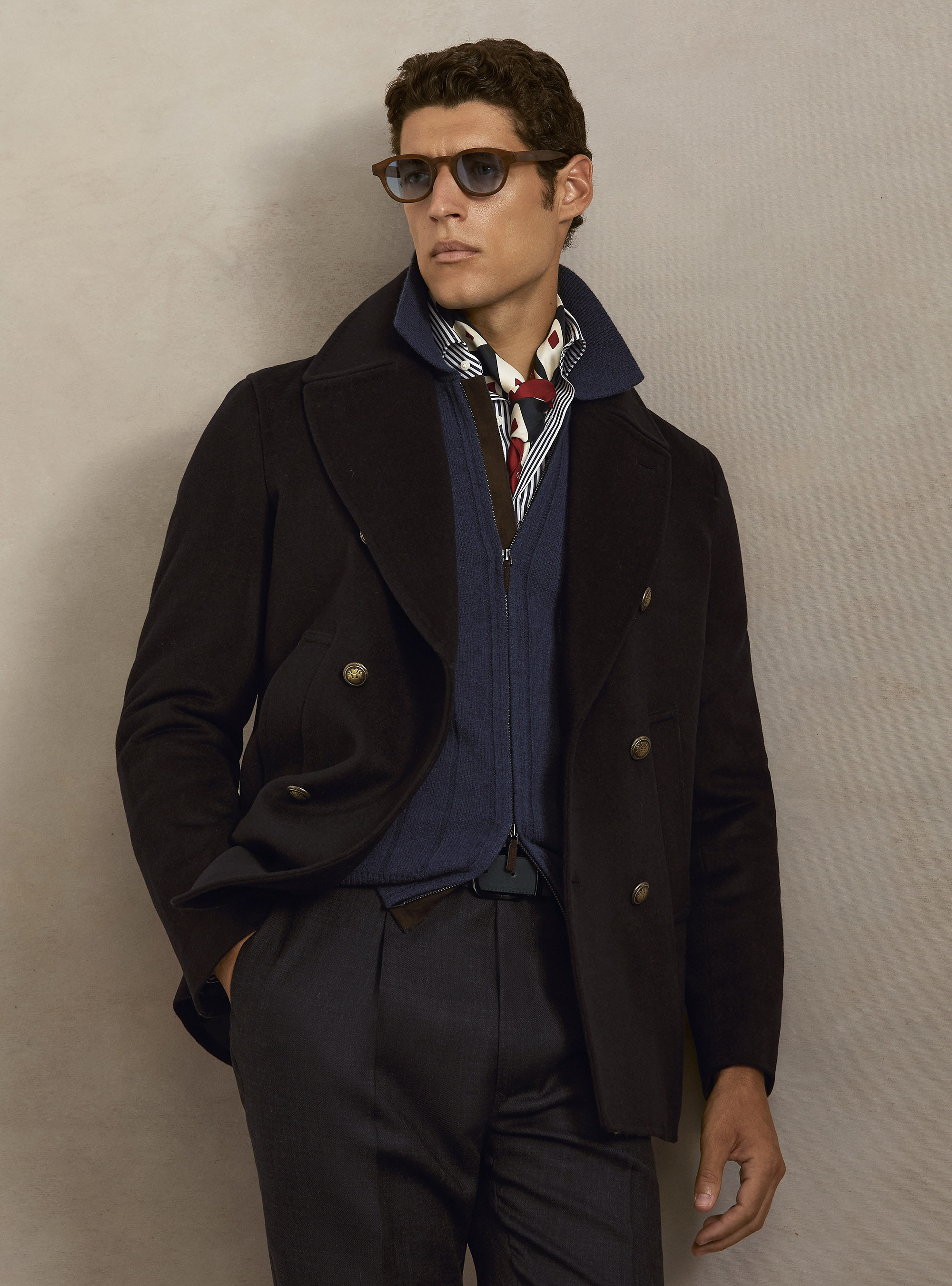 Cashmere blend peacoat with metal buttons, NAVY BLUE