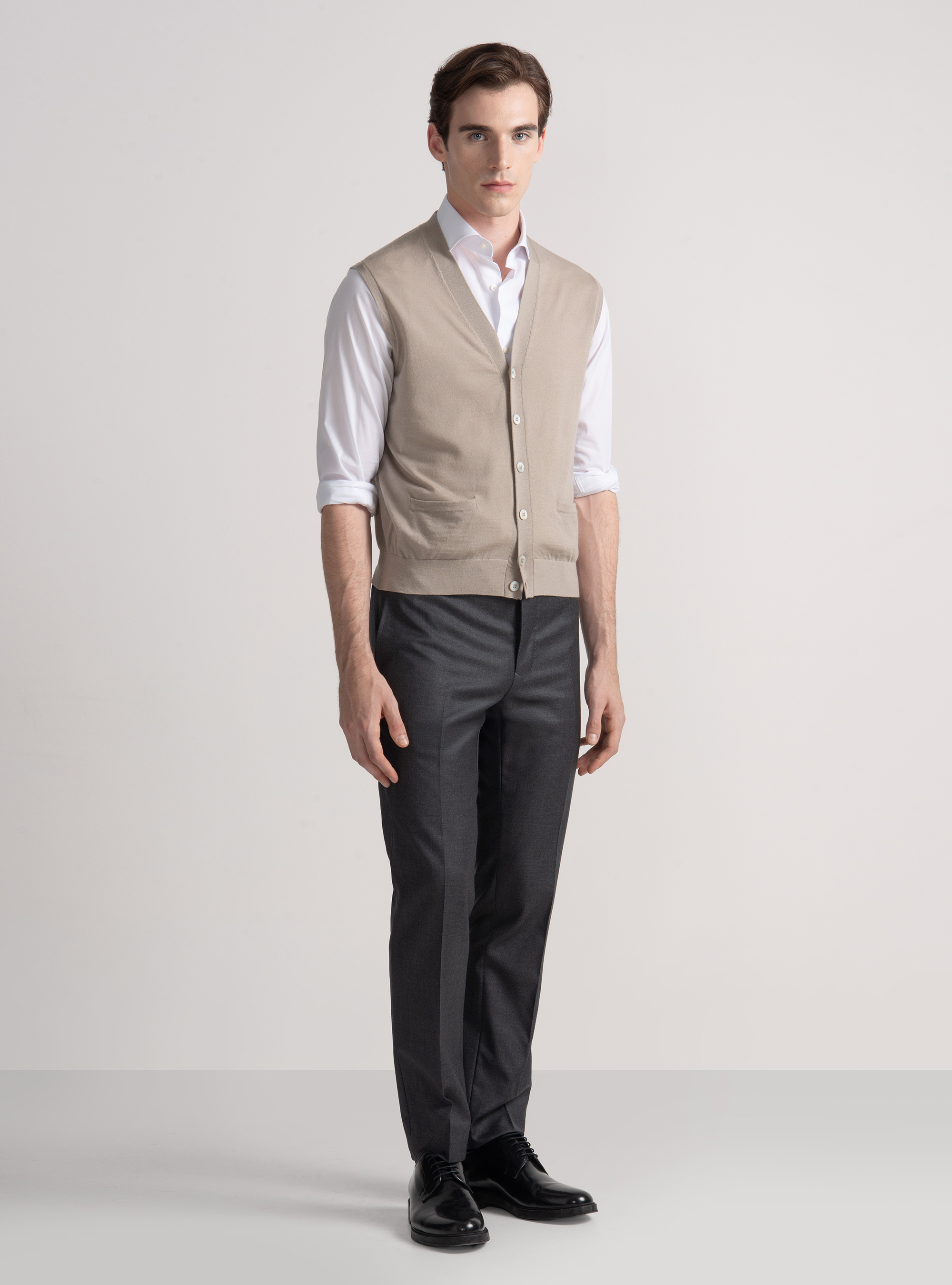 Knitted gilet with buttons in extra-fine merino wool, SAND