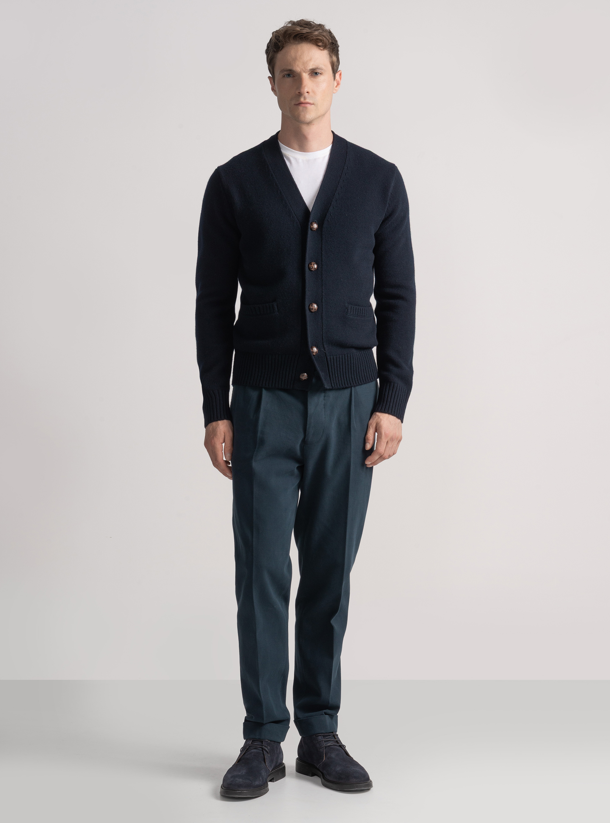 Maglia a cardigan in lana e cashmere, BLU NAVY