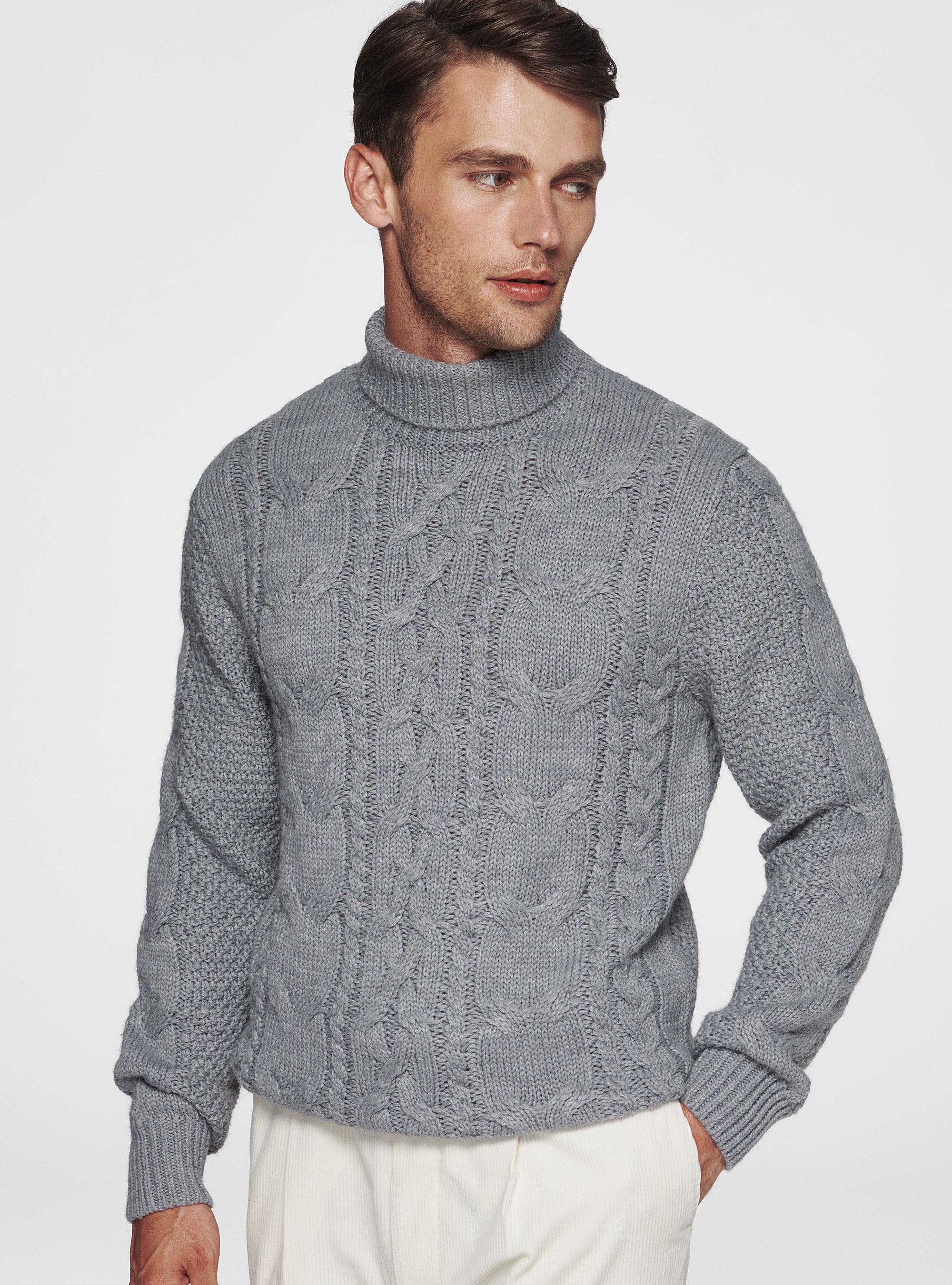 Wool-blend turtleneck sweater with braid, LIGHT GREY MELANGE