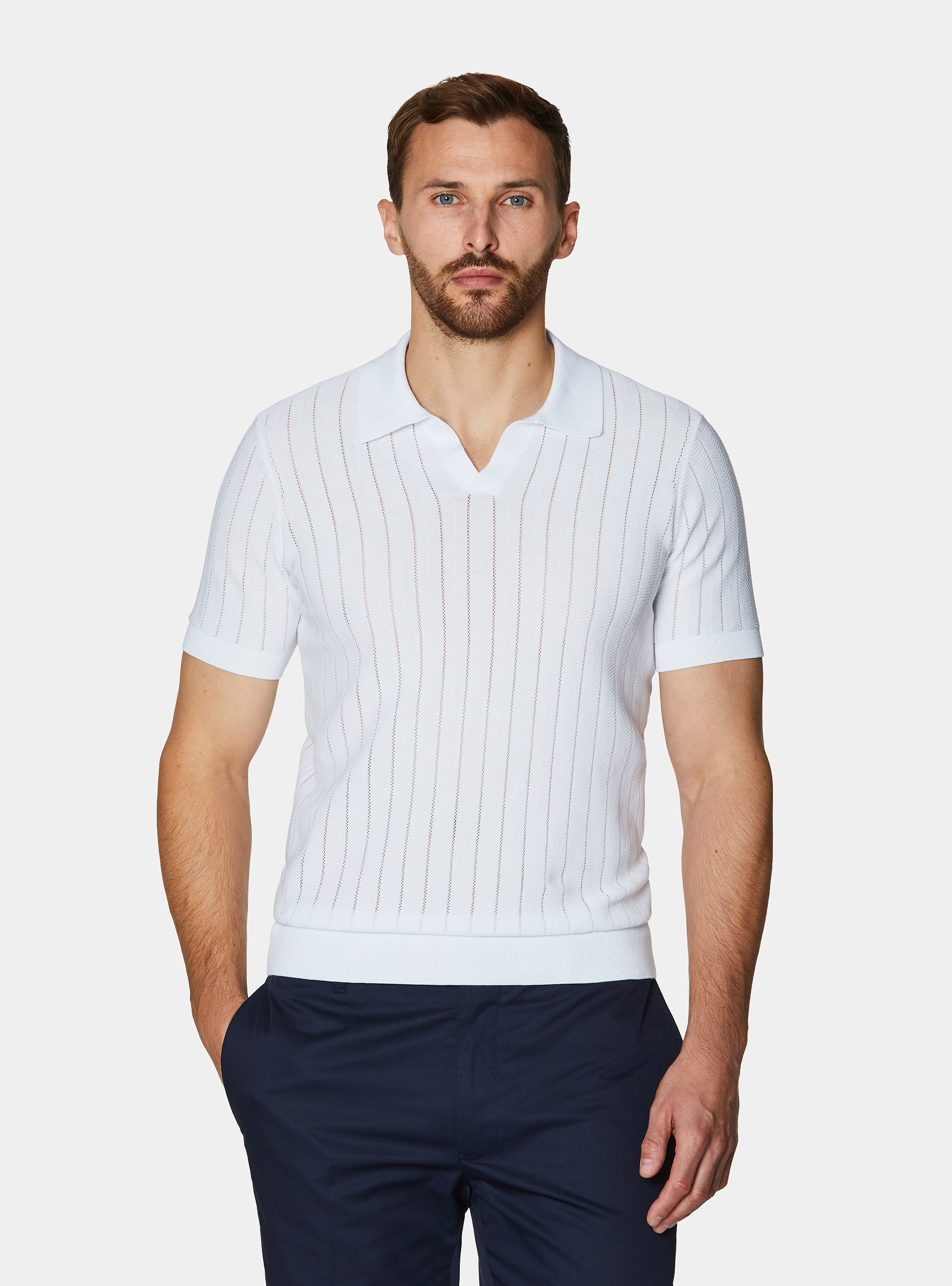 Perforated polo shirt in herringbone cotton, WHITE
