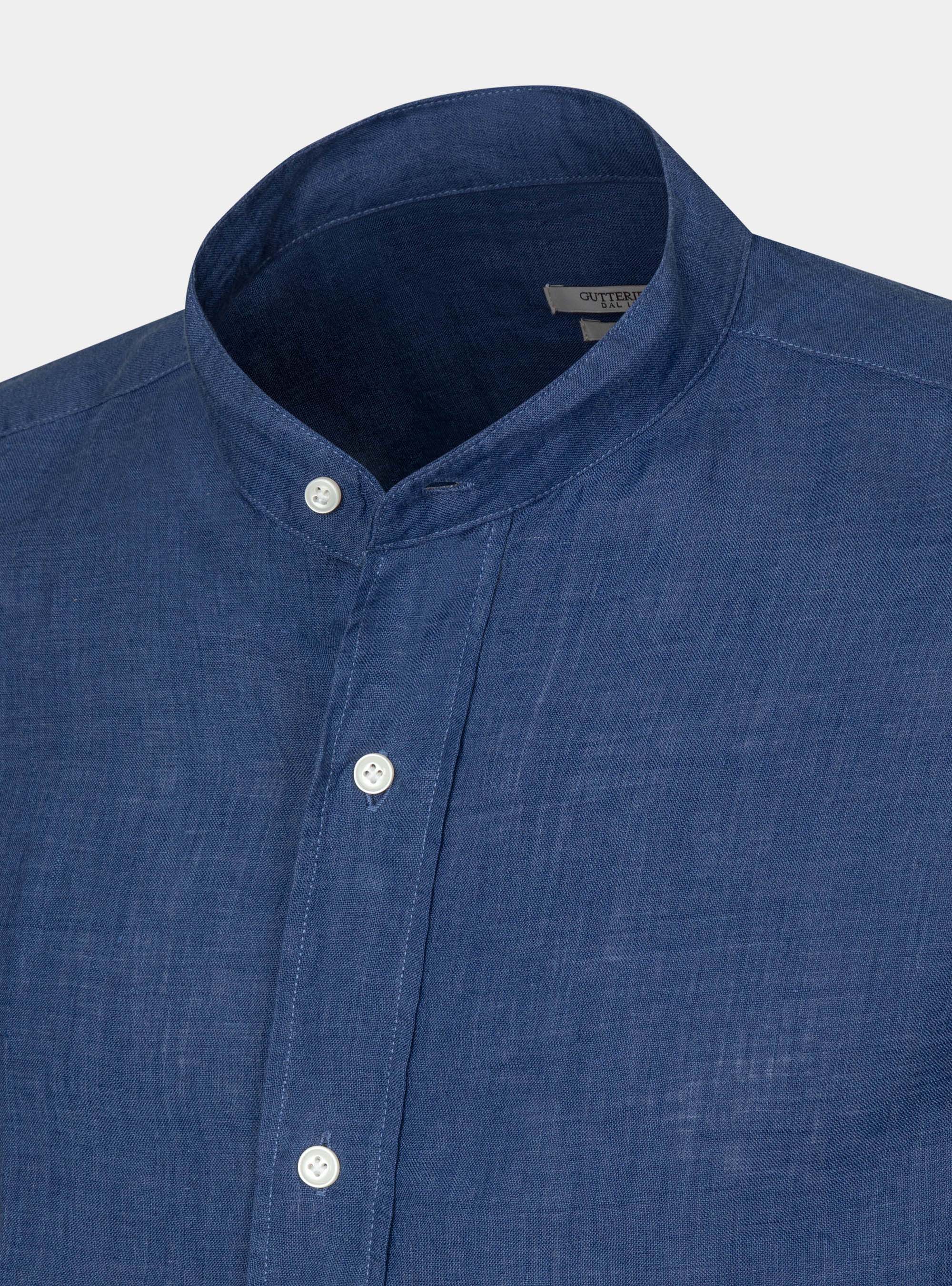 Camicia collo coreano 100% lino, 0243C DENIM