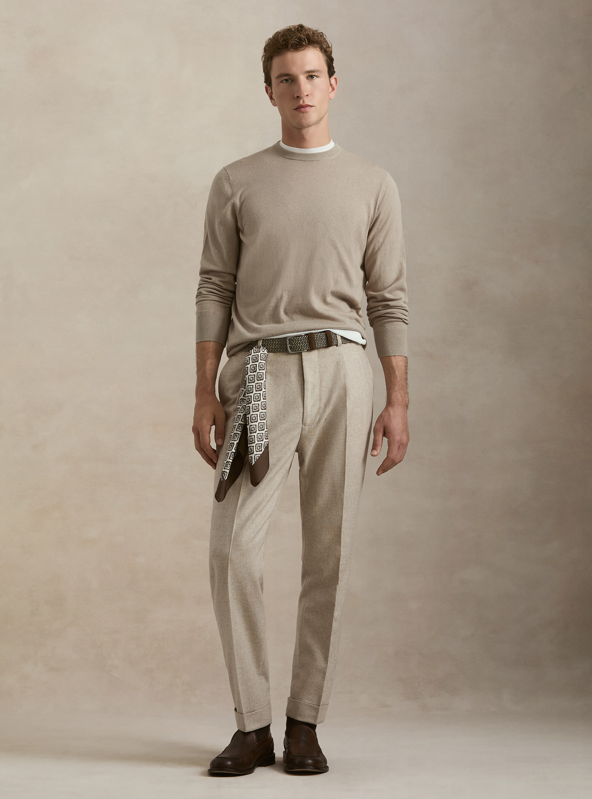 Cotton, silk and cashmere blend crewneck sweater, SAND