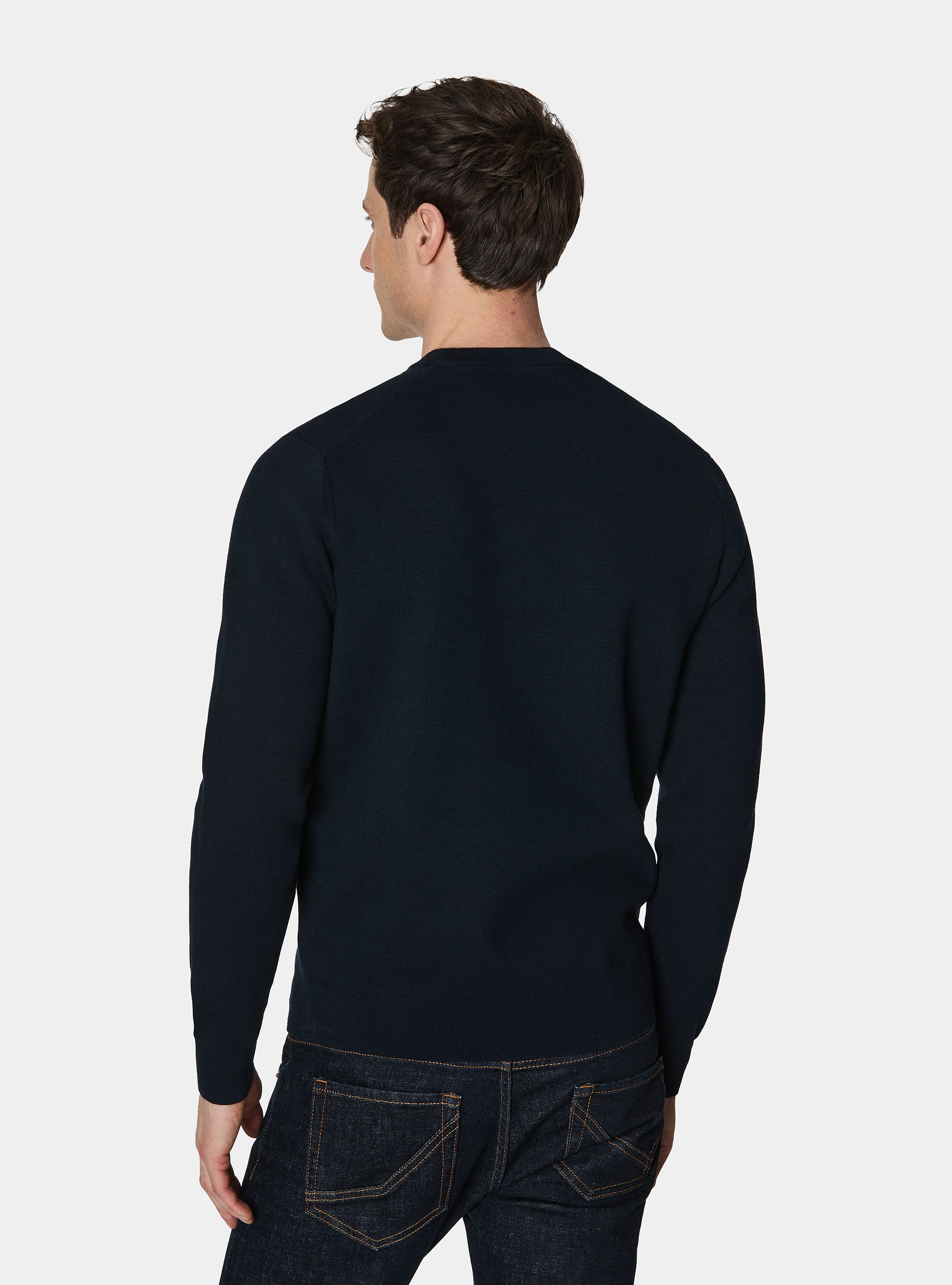 Pull &agrave; col rond en coton m&eacute;lang&eacute;, BLEU MARINE