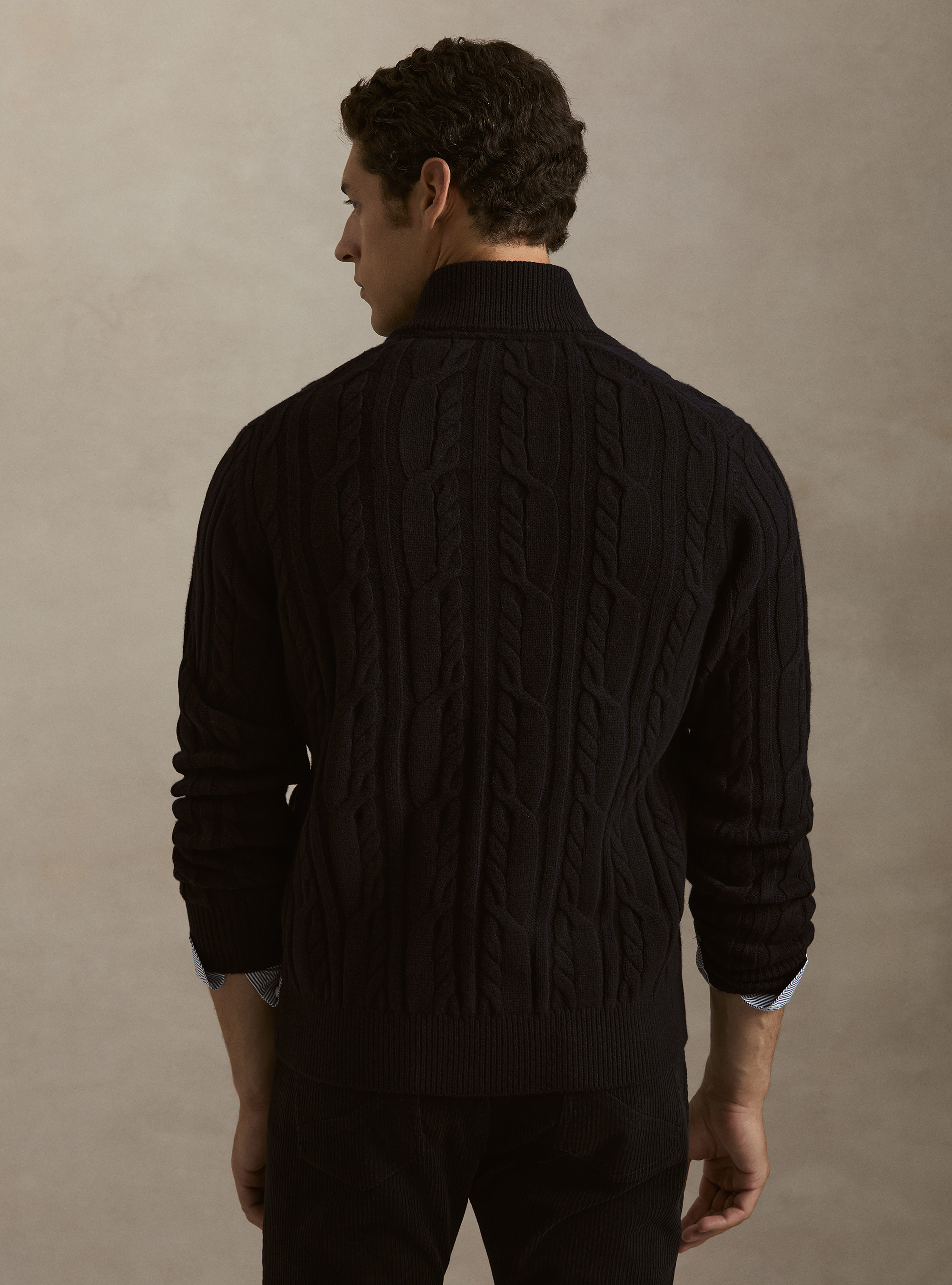 Wool and cashmere cable-knit cardigan, NAVY BLUE