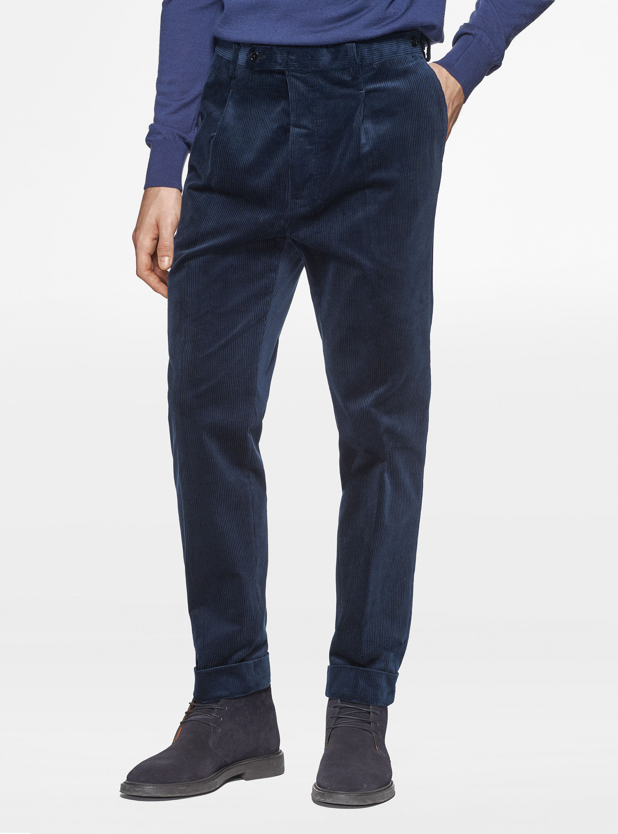 Pantaloni con pince in velluto stretch Duca Visconti di Modrone, BLU NAVY