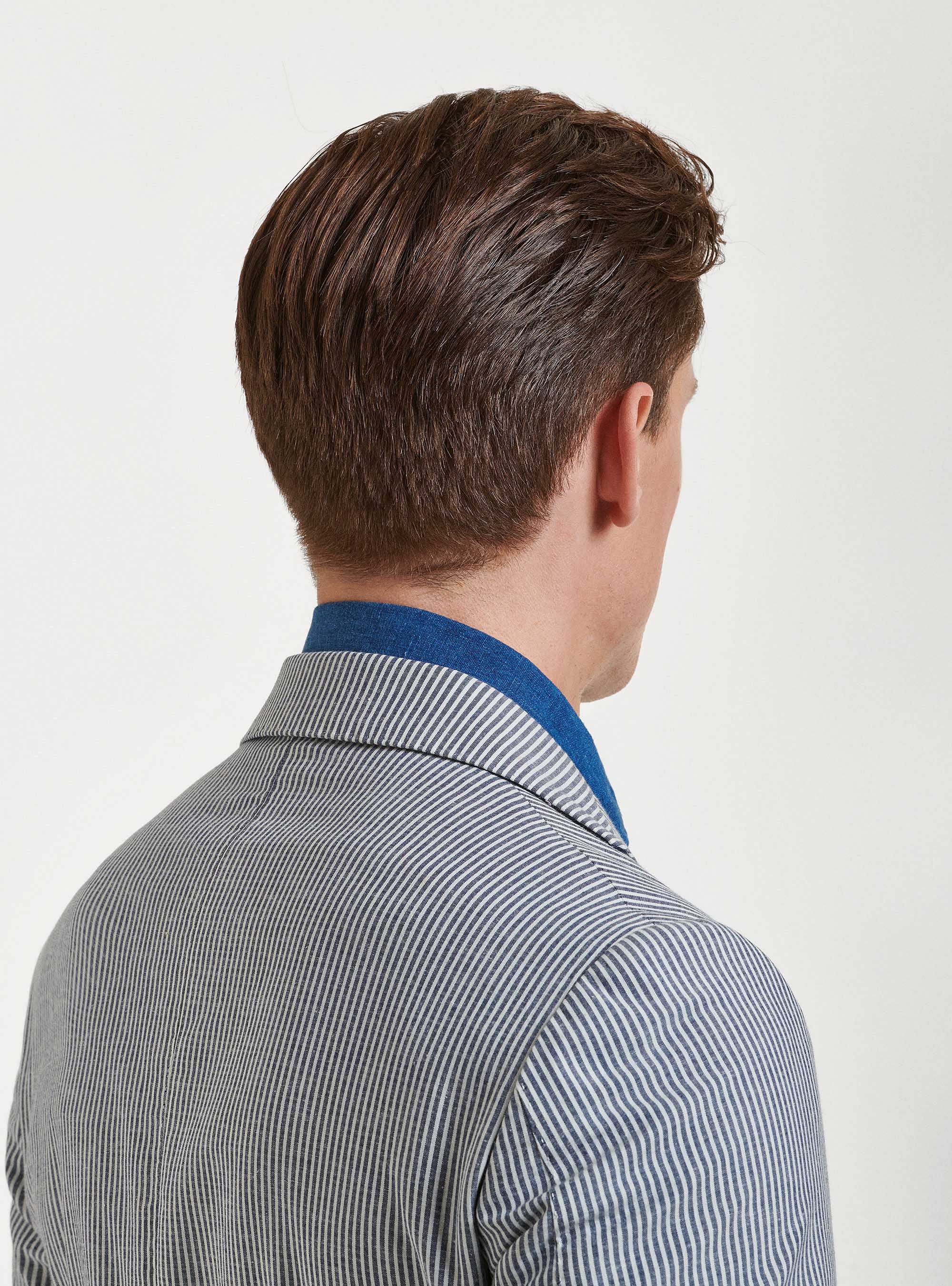 Giacca blu in cotone e lino rigato, BLU