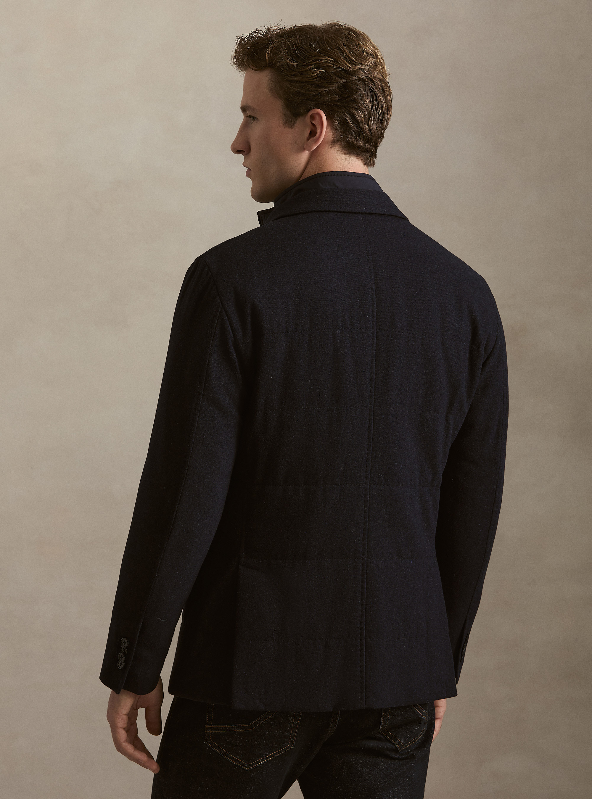 Giacca imbottita in flanella misto lana con pettorina, NAVY