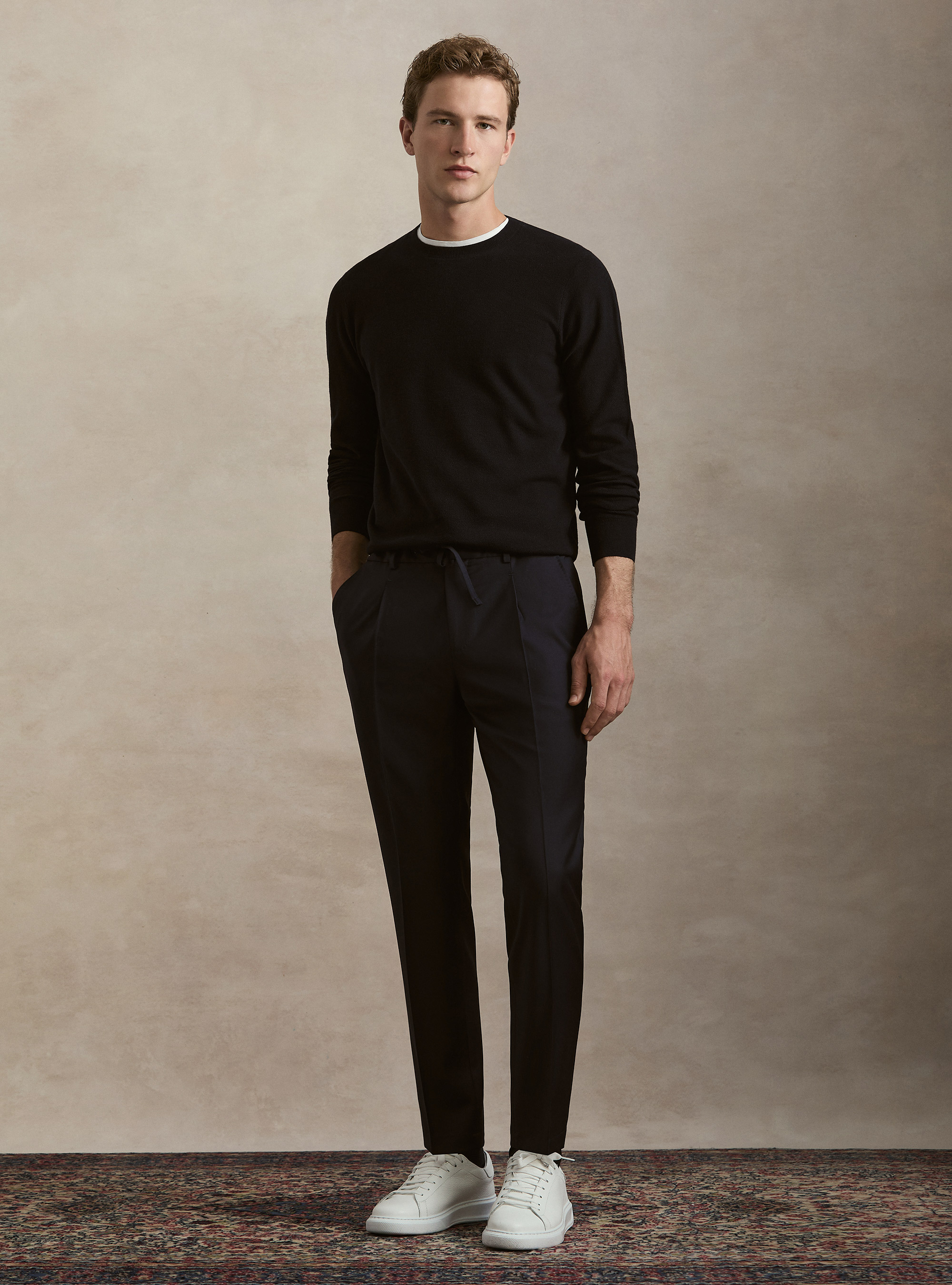 Cotton-cashmere crewneck sweater in honeycomb stitch, NAVY BLUE