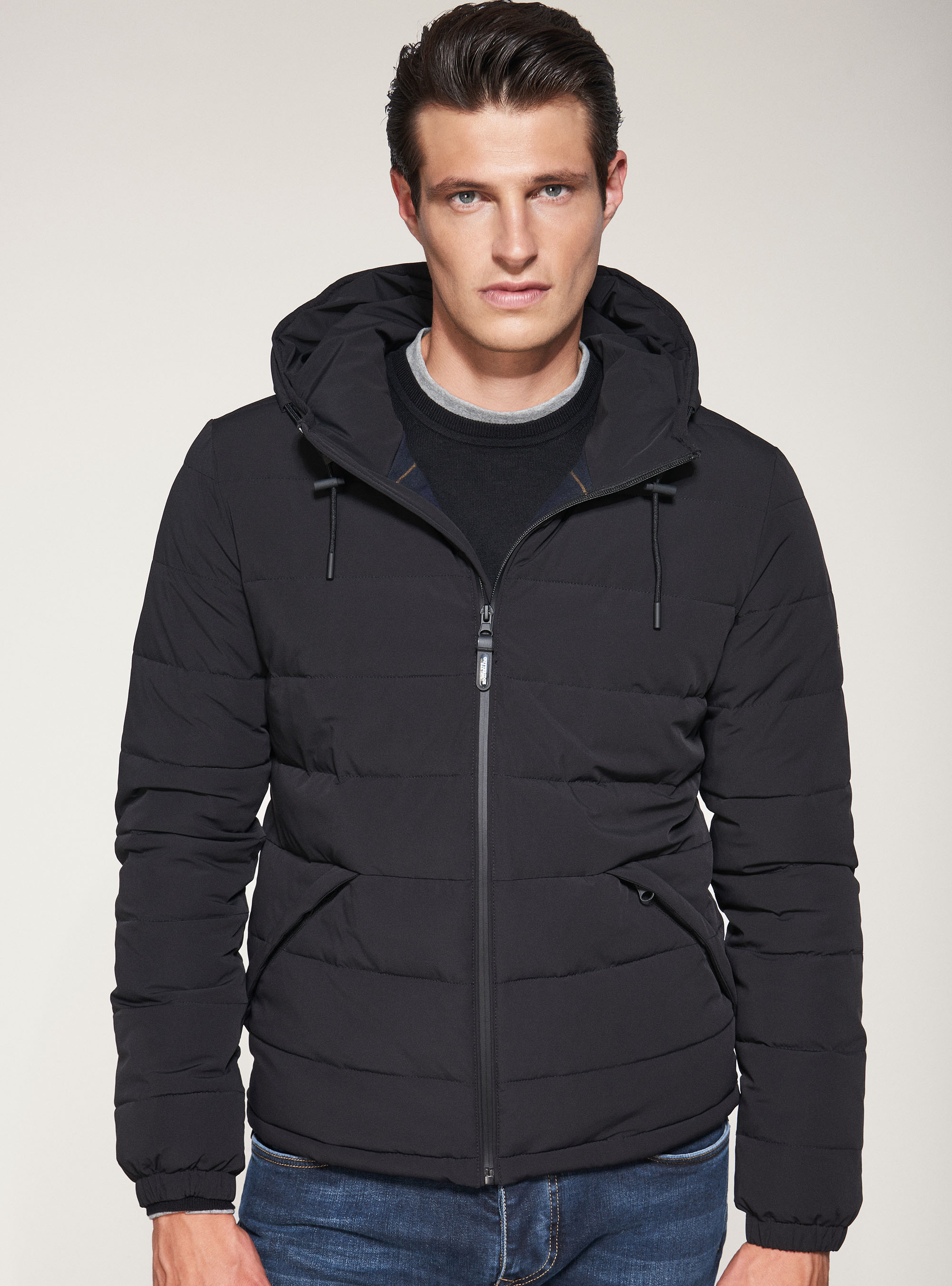 Bomber jacket in technical fabric with hood, BLACK