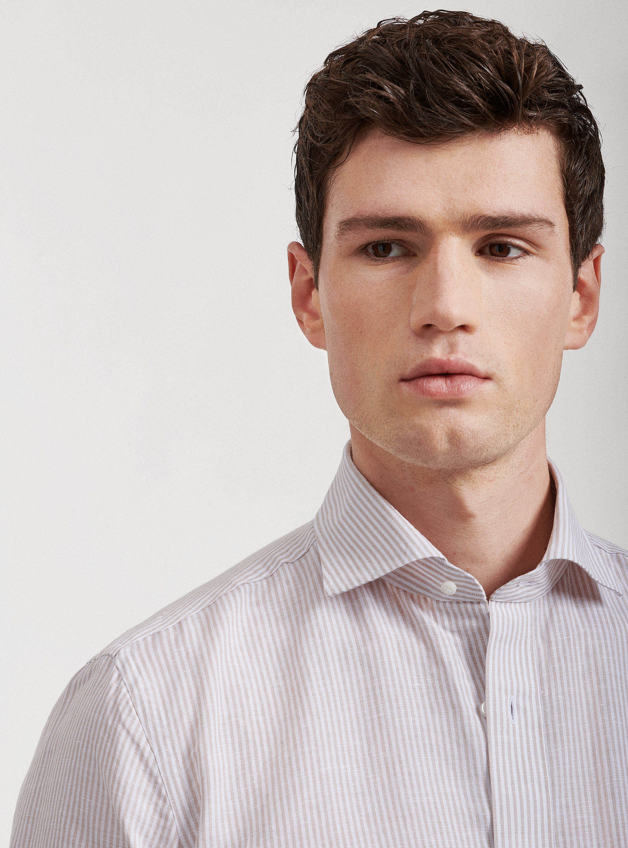 Camicia collo semi francese in lino e cotone rigato, SABBIA