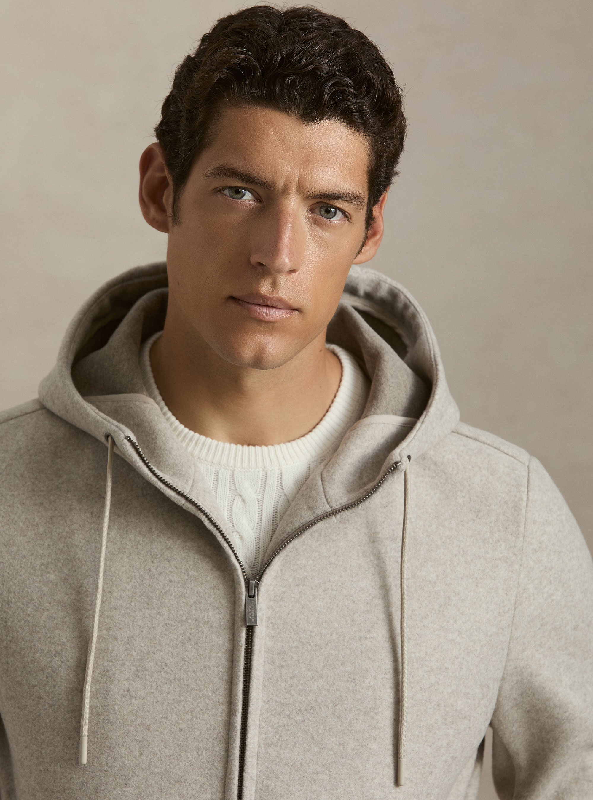 Giubbino in panno stretch con cappuccio, ECRU