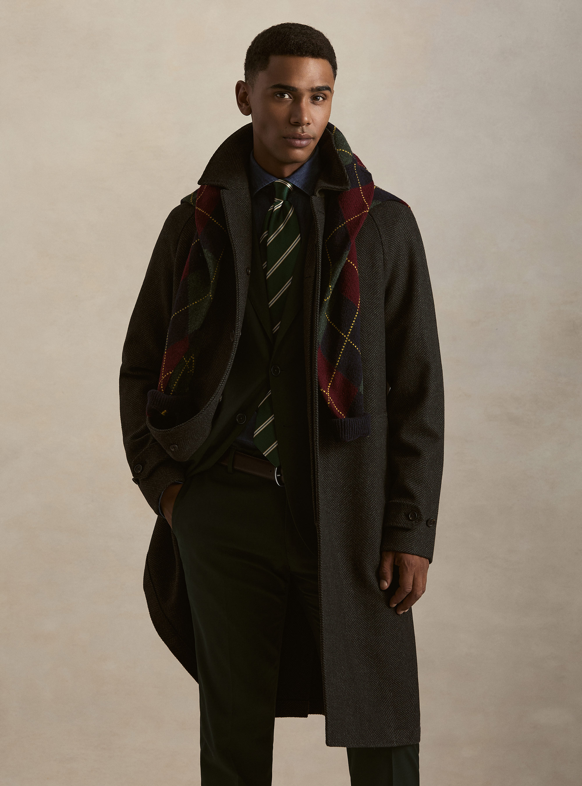 Herringbone Shetland wool blend raglan coat, GREEN