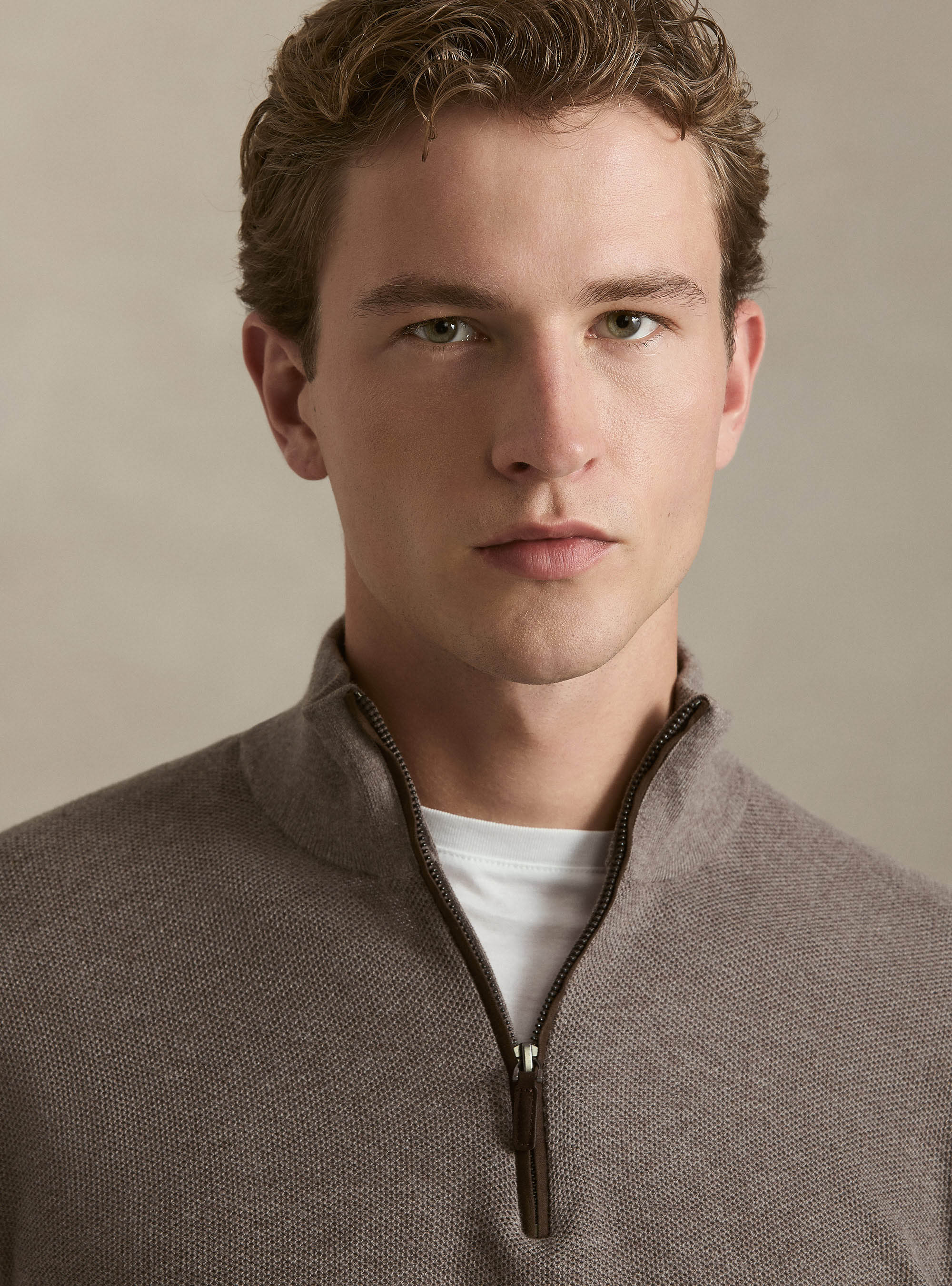 Cotton-cashmere half-zip sweater in honeycomb stitch, MUD