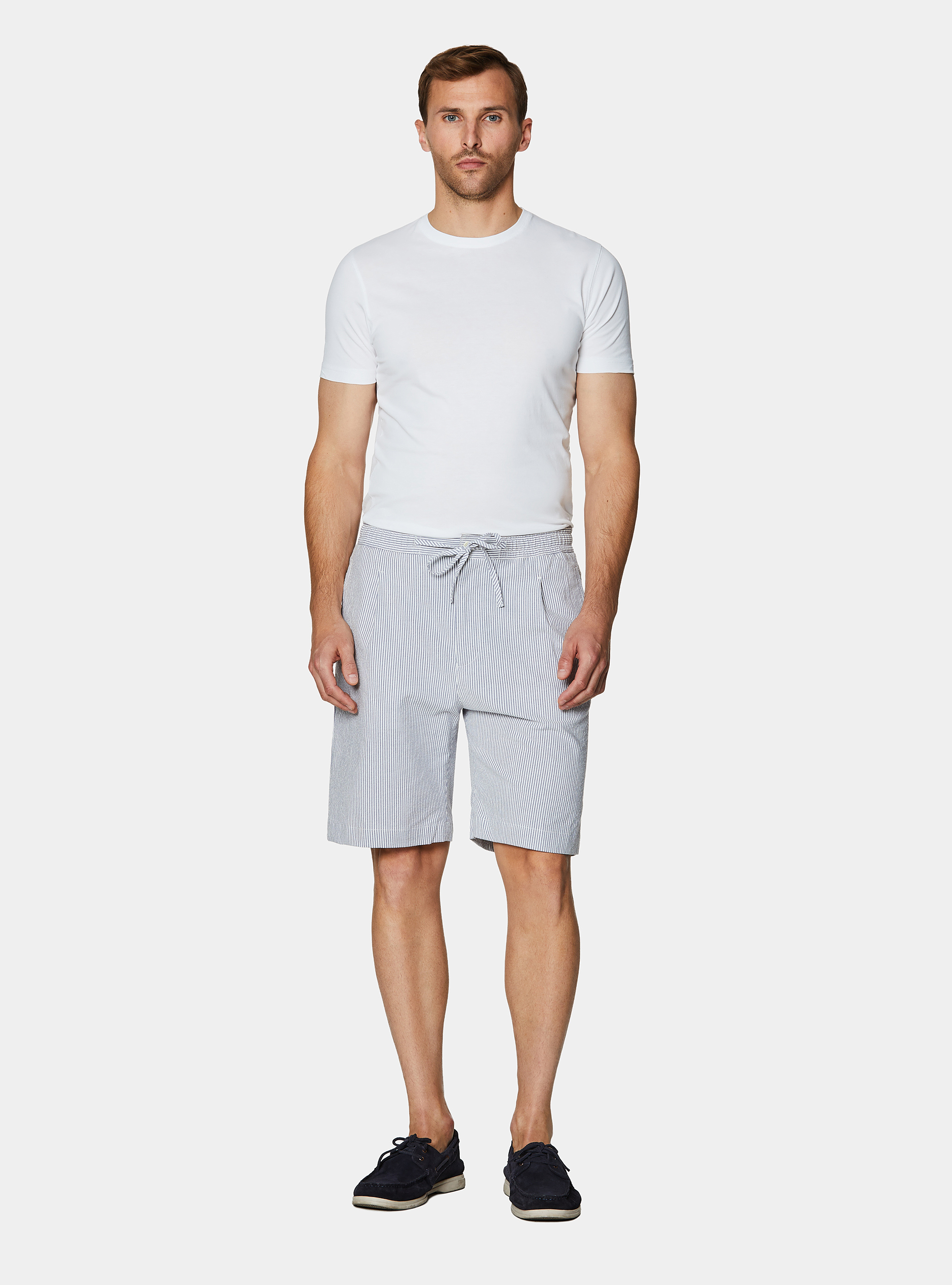 Bermudas de algod&oacute;n el&aacute;stico seersucker con cord&oacute;n, AZUL MEDIO