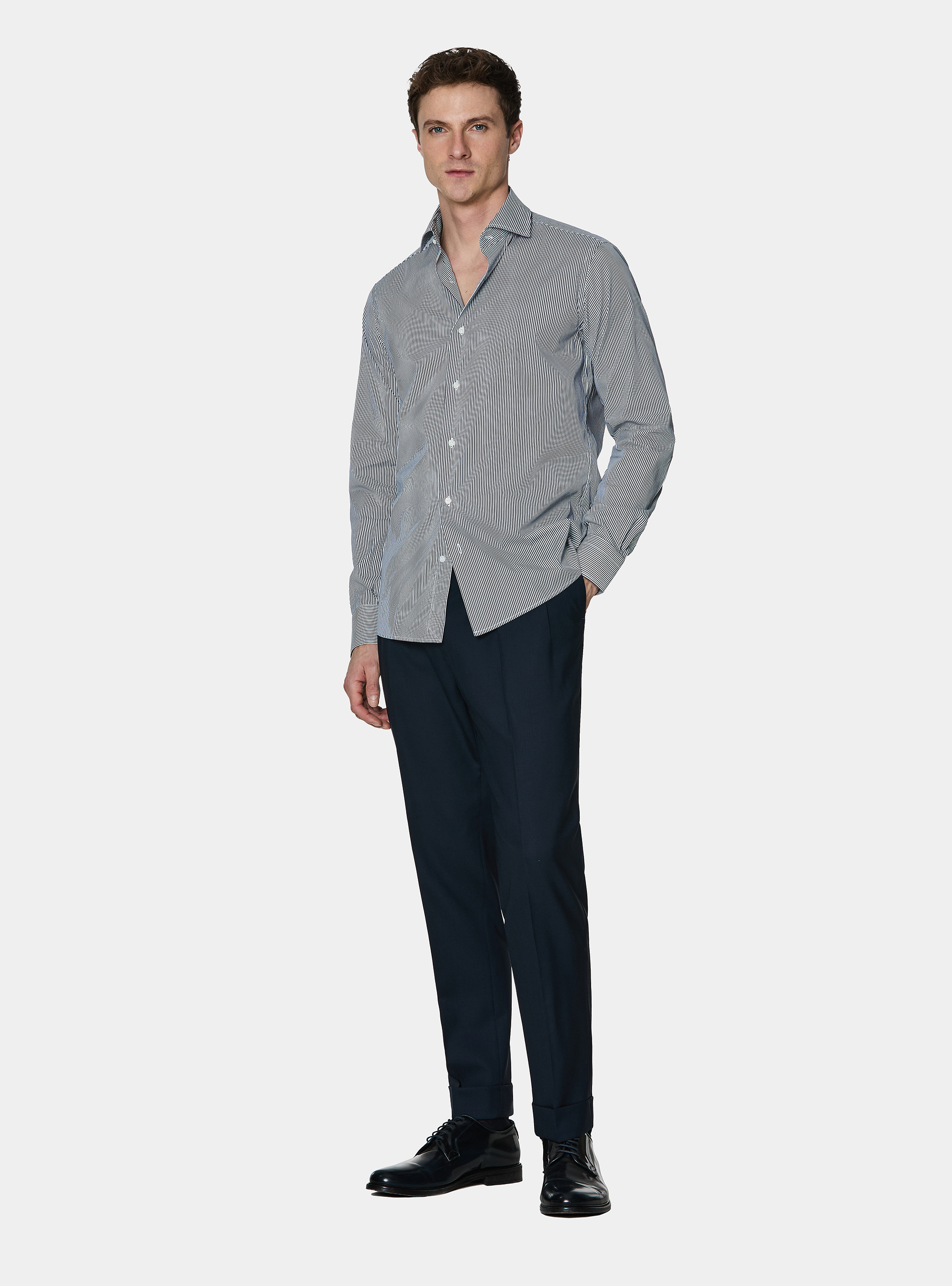 Camicia in cotone rigato popeline stretch, BLU NAVY